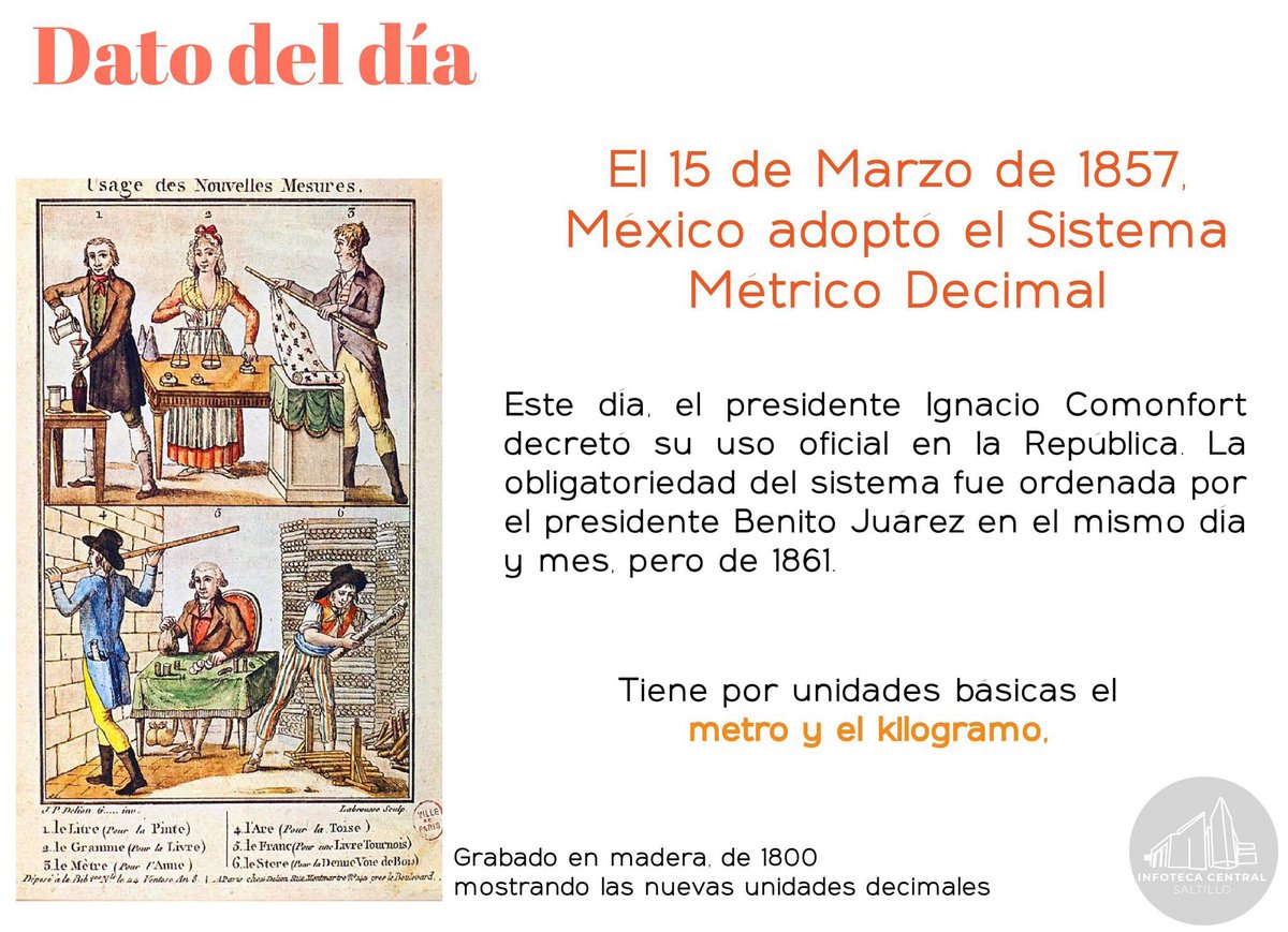 InfotecaUAdeC's tweet photo. El 15 de Marzo de 1857 México adoptó el Sistema Métrico Decimal.
#UAdC #LobosLectores https://t.co/ypfg4uTPCt