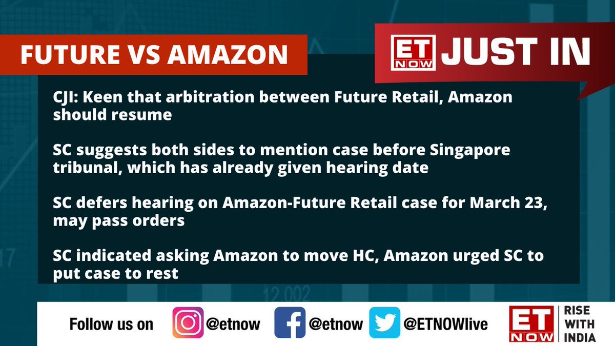 ETNOWlive's tweet photo. #FutureVsAmazon | #SupremeCourt defers hearing on Amazon-Future Retail case for March 23, may pass orders
@fg_buzz @amazon @kishore_biyani @abhhimanyus #FutureRetail https://t.co/02XVepoSCY