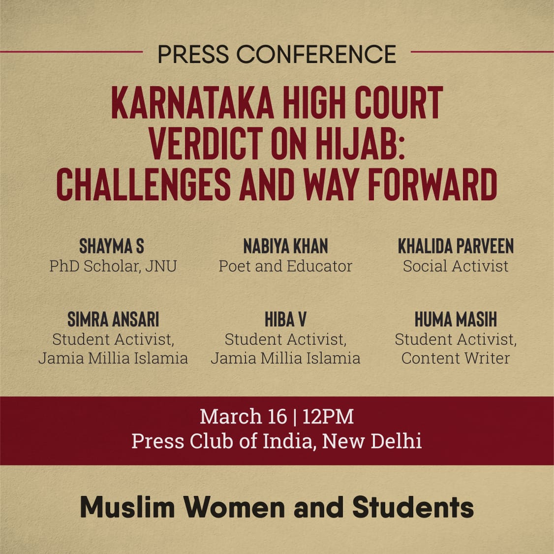 writesalman's tweet photo. Muslim Women and Student are conducting Press Conference on #HijabVerdict at Press Club of India, Delhi.
Date &amp; Time: 16 March, 12 pm

Request media friends to cover this PC. https://t.co/VdUZnBLlIu