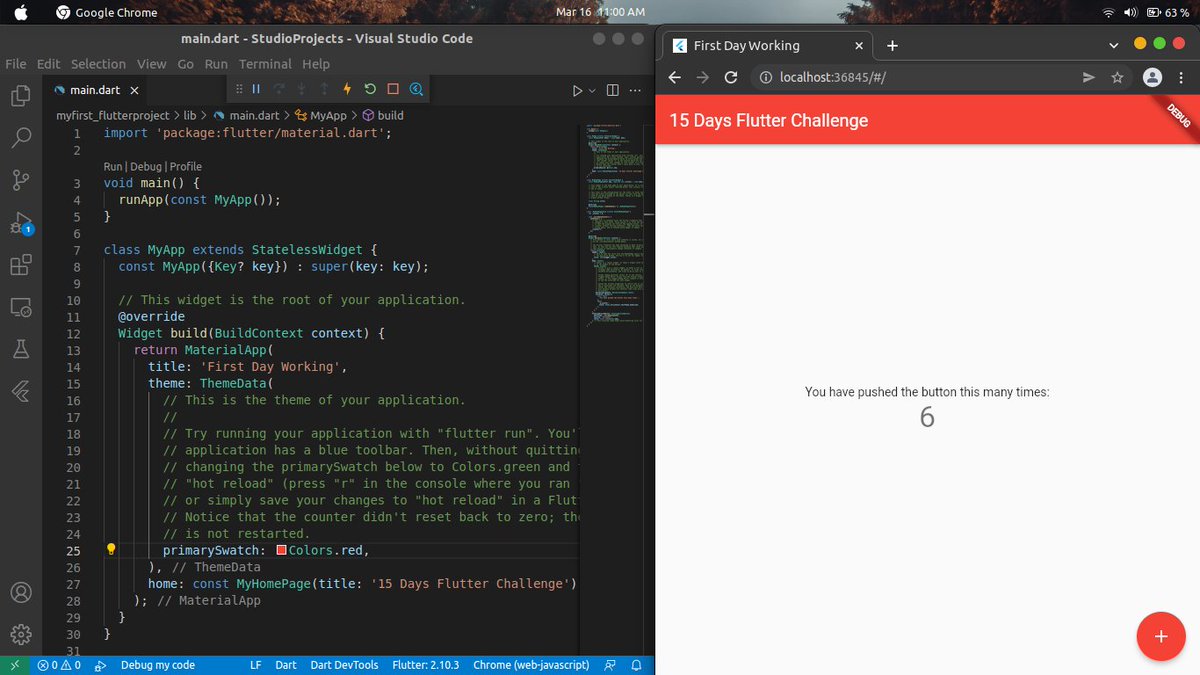 AbdulSubhanMian's tweet photo. Flutter Challenge Day 1 task Completed.😇
1:Download &amp; Installation Android Studio .
2:Flutter installation.
3:Created 1st demo project.
4:Practice dart.
@iahmadtariq @abduljamilza 
#15DaysFlutterChallenge
#GDSC
#GDG #flutter @flutterdev https://t.co/V6dVnwKz0W