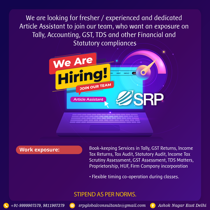 SRPGCCOM's tweet photo. We at SRP Global Consultant are looking for an Article Assistant who will handle financial operations such as loan disbursement, preparation of accounts, etc.  

Apply to this position at the earliest. 
#Hiring  #wearehiring #delhi #articleassistant https://t.co/rpZuTA1sAF