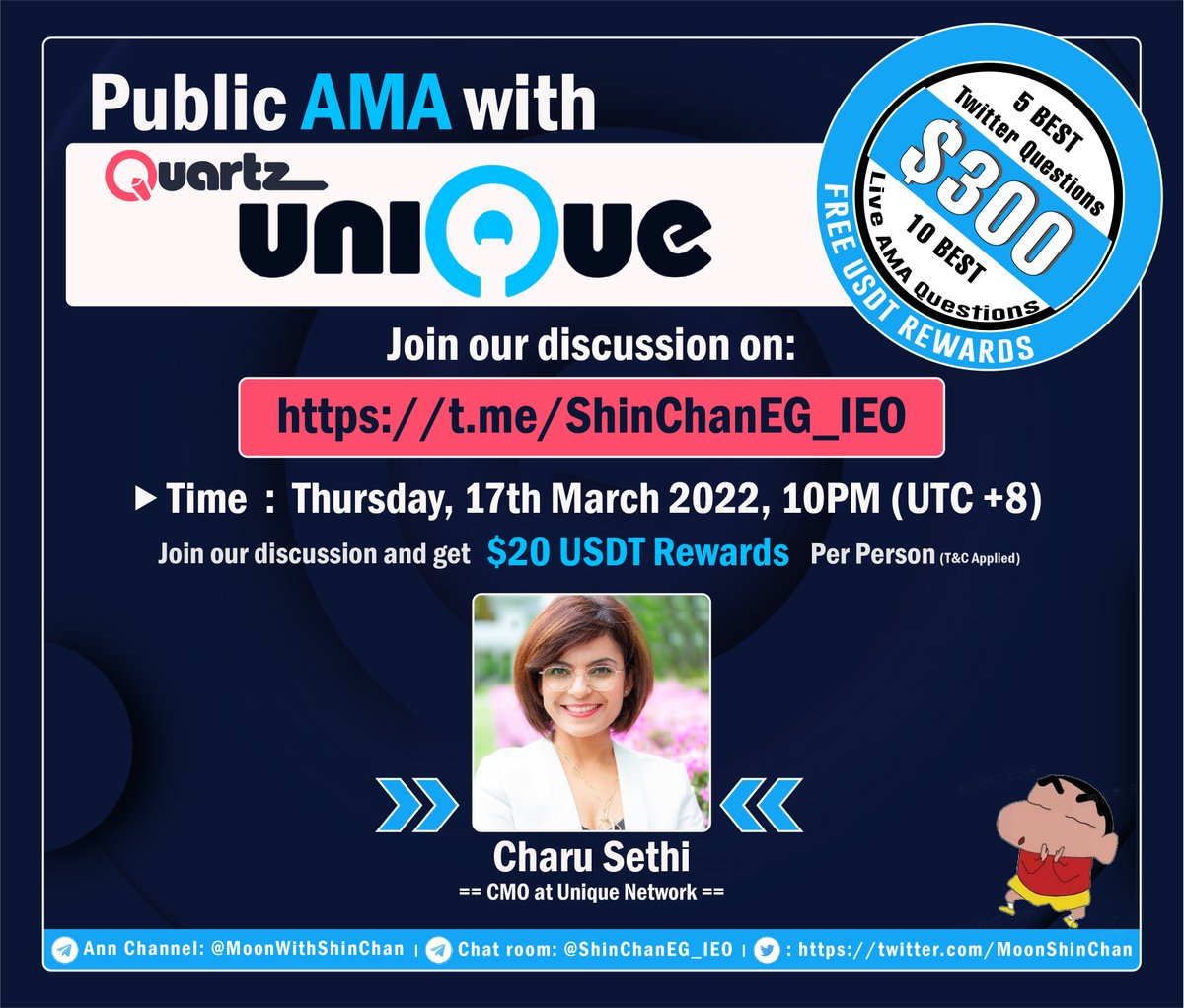 MoonShinchan's tweet photo. ‼️ Announcing an official Public AMA with @Unique_NFTchain giving out $300 USDT Rewards on Thursday, 17th March 🎁 

👉 Join us at TG:  https://t.co/106OJDt1ke
🔜 Timer: https://t.co/nbWzXB8euP

Like, RT, Tag 3 people &amp; ask your question, 5 Best Qs will be selected by Team https://t.co/nfOXzdqcIT