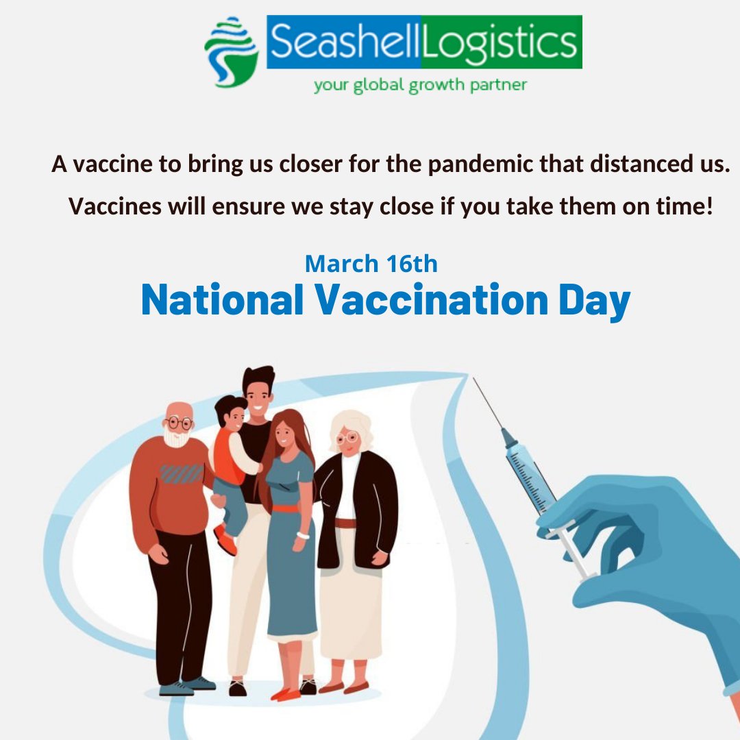 seashellgroup's tweet photo. To convey the importance of vaccination to the entire nation, #NationalVaccinationDay is celebrated on March 16. Let’s make people aware of arming against polio and COVID 19 and eradicating it completely from the world. #SeashellLogistics #Globalgrowthpartner https://t.co/GgVvWyjCgv