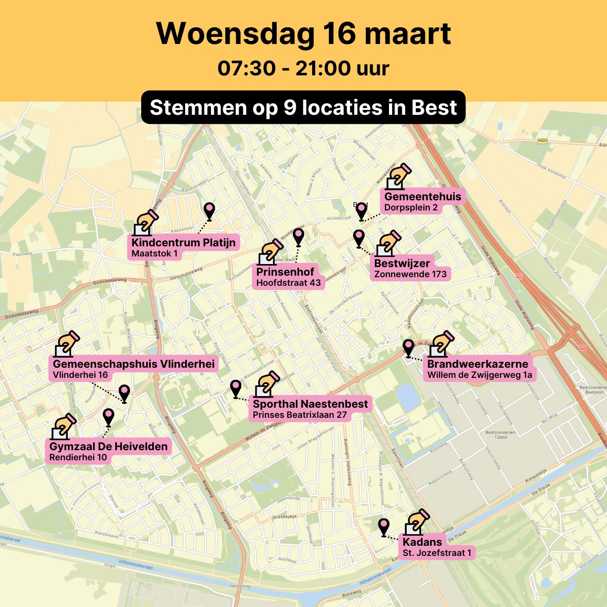 D66best's tweet photo. Goede morgen kiezers! De finaledag van de #GR2022. Wees niet stil, grijp de macht van vrijheid en ga stemmen! In Best kan dat op 9 locaties en veelal op <10 minuten lopen bij jou vandaan. Dus neem een break, ga naar buiten, geniet van het mooie weer ☀ en stem! #ElkeStemTelt https://t.co/2tOkdIE7e0