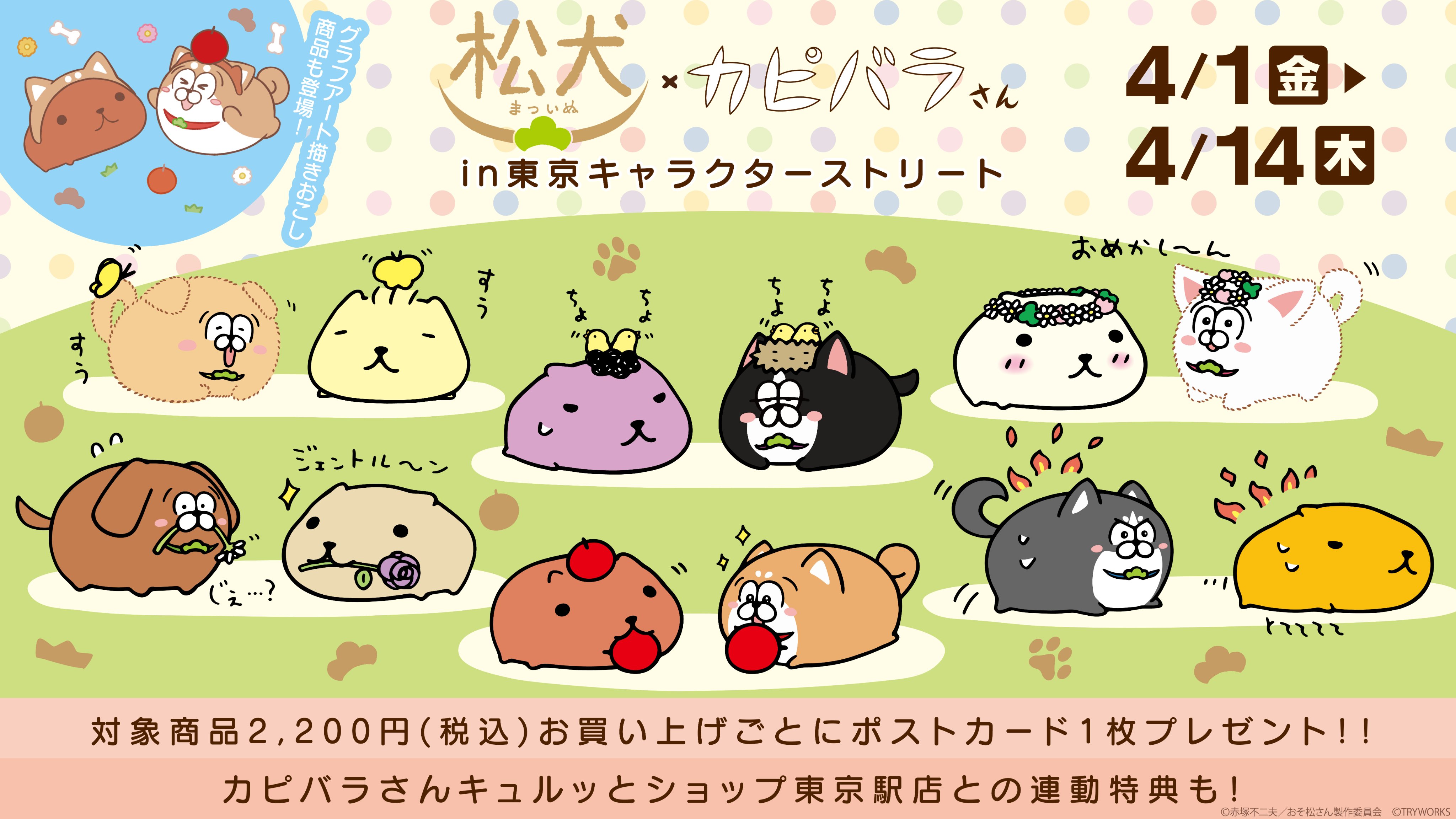 株式会社a3 イベント情報 コラボ決定 松犬 と カピバラさん のコラボが決定 4 1 金 4 14 木 の期間 東京駅一番街 東京キャラクターストリートg階段下ワゴンにてワゴンショップを開催 さらには カピバラさんキュルッとショップ