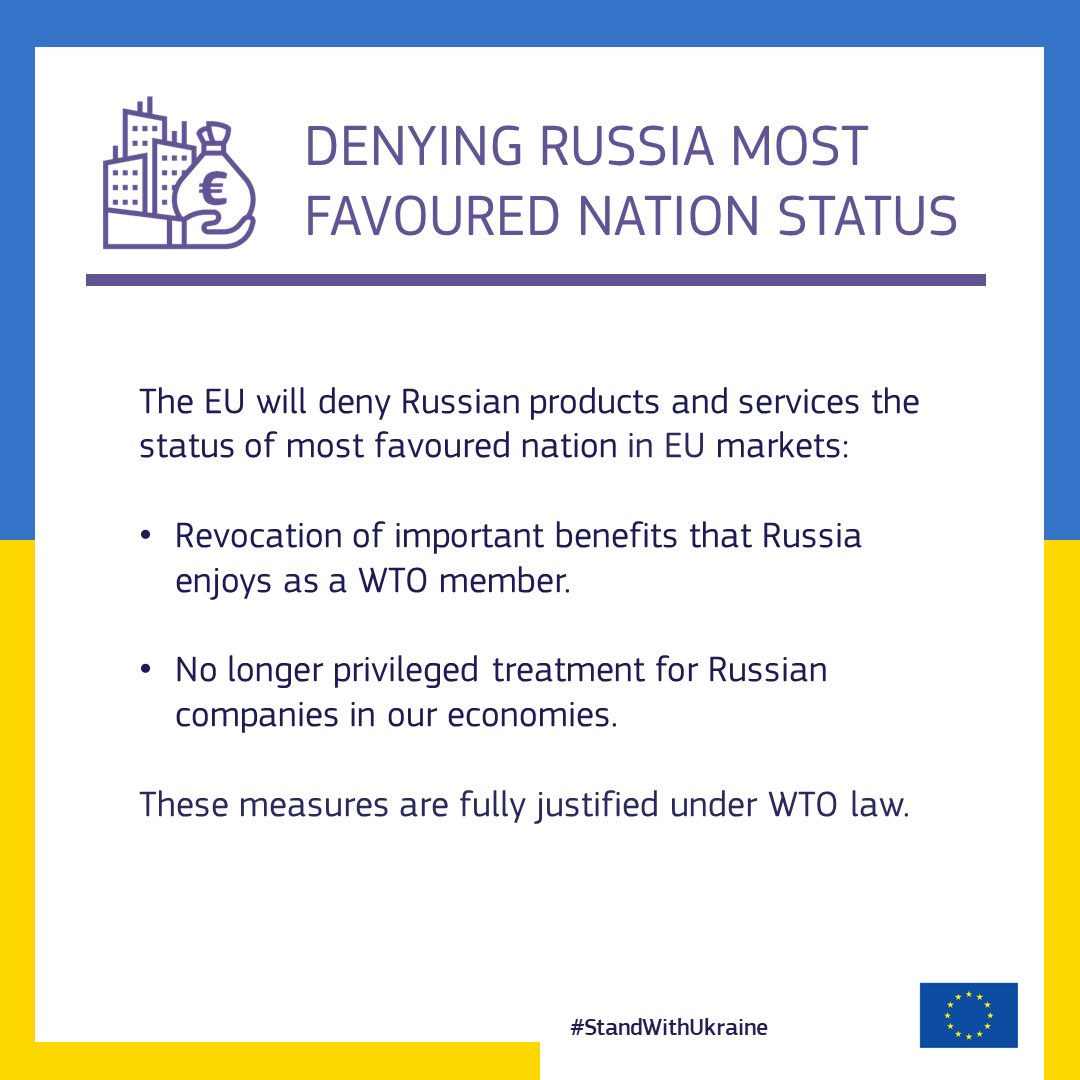 The European Union, in collaboration with the G7 countries and other like-minded partners stops treating Russia as a Most-Favoured-Nation within the <a href="/wto/">WTO</a> framework.

This is part as a new set of sanctions against Russia. #thread 👇

#StandWithUkraine

ec.europa.eu/commission/pre…