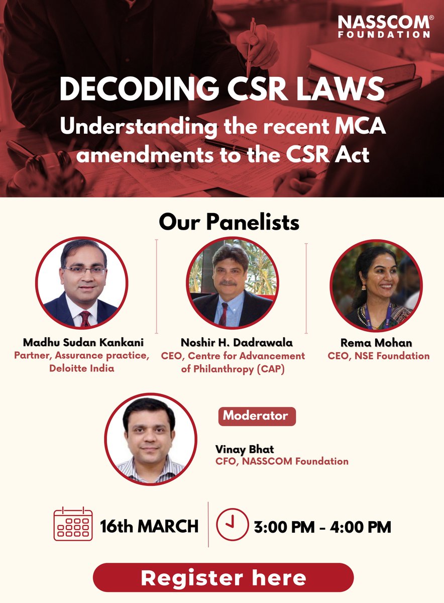 nasscomfdn's tweet photo. Meet our stellar lineup of panellists for today's session - Decoding #CSR Laws! 
Time: 3 PM - 4 PM
Register Now: https://t.co/4bChkq16aU
Limited Seats! 

#CSR #CSRact #CSRLaw #responsibility #Tech #TechForGood #Impact #technology #ImpInv #socialgood https://t.co/gPuzwT1RTp