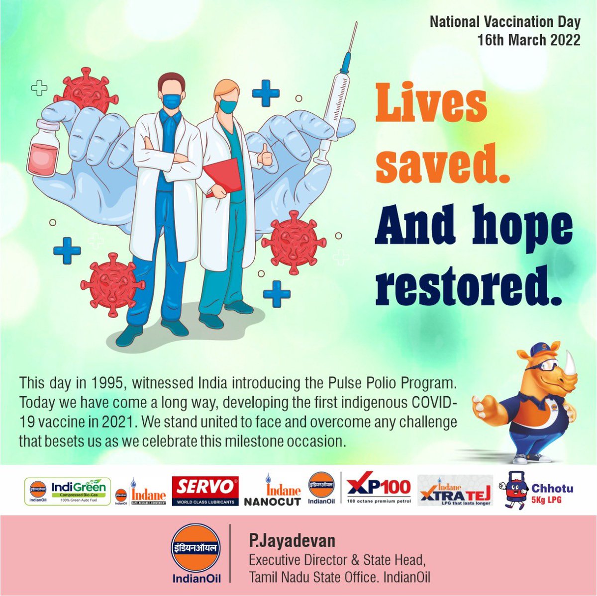 EDTamilNadu's tweet photo. Lives saved.Hope restored.This day in 1995, India introduced Pulse Polio program. Today we celebrate a milestone occasion of indigenous COVID 19 vaccine development. #NationalVaccinationDay2022. #vaccination @ChairmanIOCL @DirHR_iocl @DirMktg_iocl @DirRnD_iocl @DirR_iocl https://t.co/tRZcV684iN