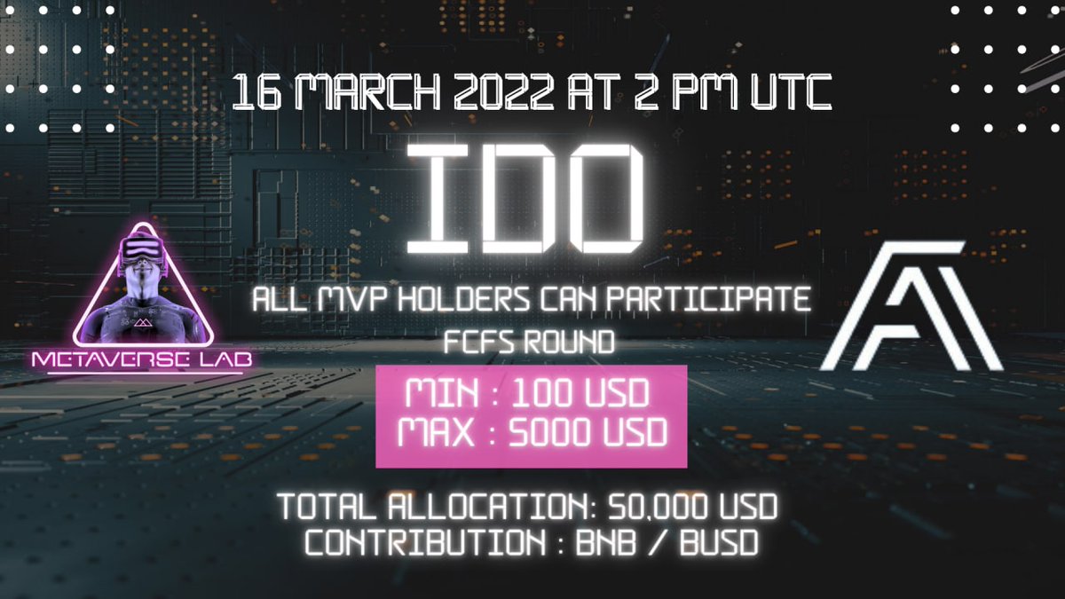 METAVERSE LAB (@labmetaverse) on Twitter photo IDO Reminder⏳
Get ready for <a href="/Fan_Anywhere/">FanAnywhere</a> $FAW #IDO on <a href="/LabMetaverse/">METAVERSE LAB</a> Launchpad ⚓ today at 2:00 PM UTC!
📝All $MVP holders can Participate on FCFS basis!!
For more IDO Details 👉 t.me/LabMetaverse IDO Reminder⏳
Get ready for <a href="/Fan_Anywhere/">FanAnywhere</a> $FAW #IDO on <a href="/LabMetaverse/">METAVERSE LAB</a> Launchpad ⚓ today at 2:00 PM UTC!
📝All $MVP holders can Participate on FCFS basis!!
For more IDO Details 👉 t.me/LabMetaverse