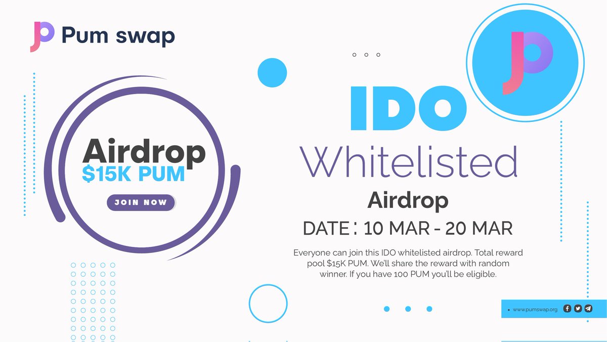 🔥 PumSwap whitelisted airdrop running for everyone. 

If you want to joined this airdrop, you should have whitelisted balance minimum 100 PUM.

Remember : this whitelisted airdrop for everyone... 

Join whitelisted : pumswap.org/ido

Eligibility : 
Minimum : 100 PUM IDO