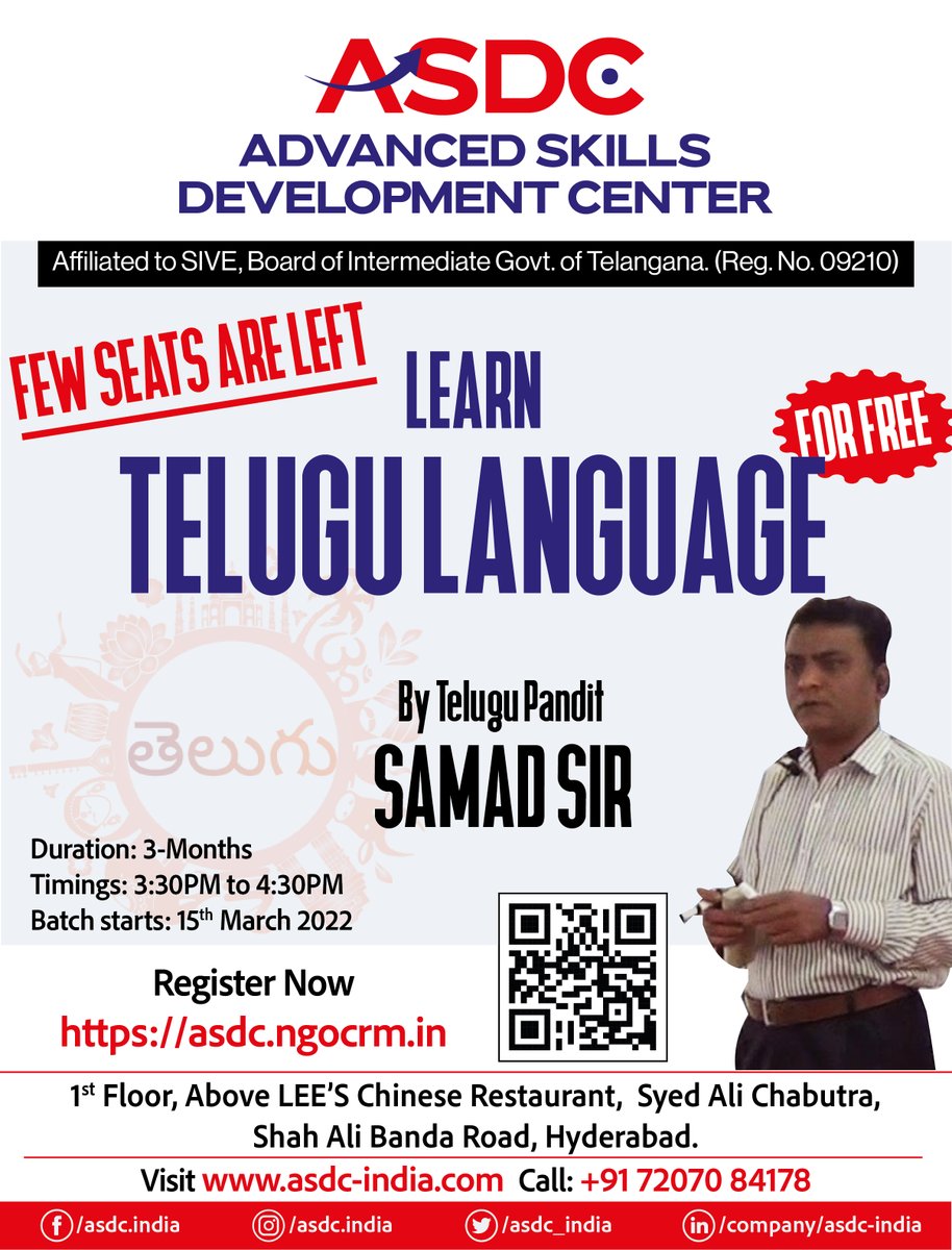 asdc_india's tweet photo. Want to learn Telugu but can't find a good Master?
Learn Spoken Telugu in 90-Days, Easy method learning, learn from basics to advanced level of Spoken Telugu. Expert and Experienced Telugu (Pandit) Master, Teach 1000s of students around the globe. 
#spokentelugu #SpokenTelugu https://t.co/LFuP6ZNWsU