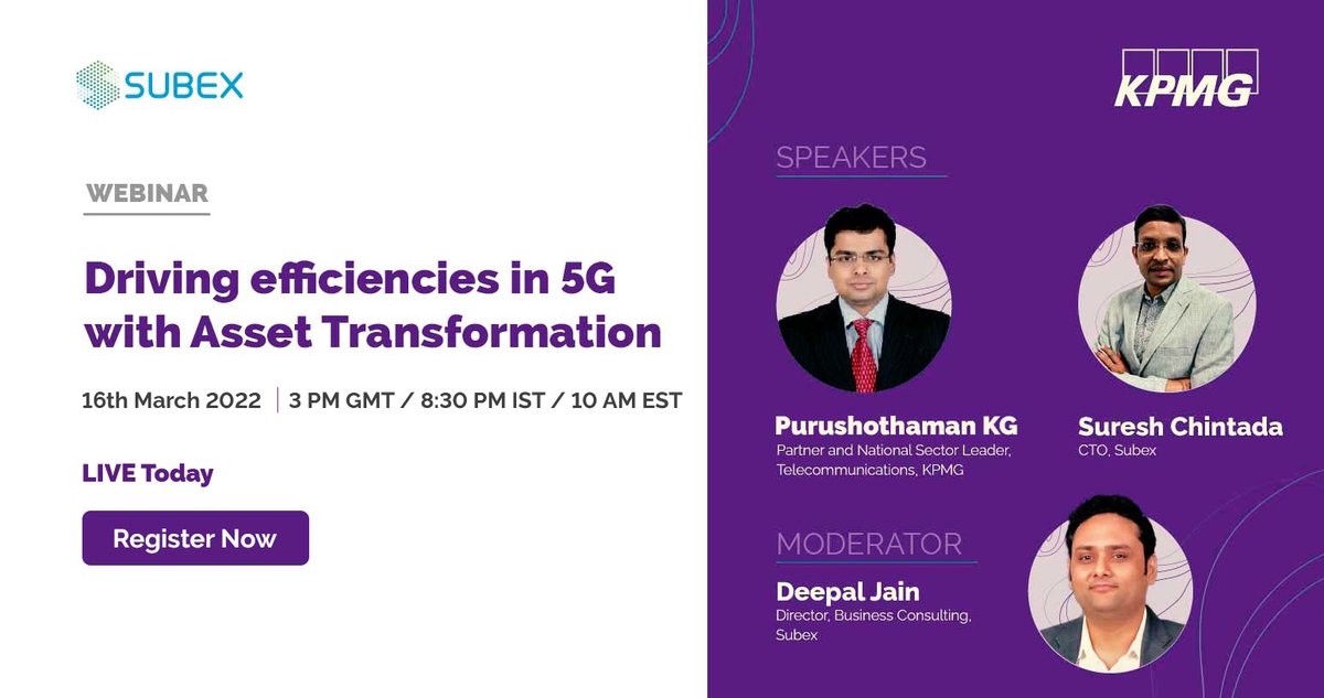 subex's tweet photo. Live Today! Have you booked your seat?

In this webinar with @KPMG, we explore the need for a next-gen approach to Capex optimization and how Enterprise #AssetManagement can help bridge the Capex gap.

Register Today: https://t.co/H39oJbf4fi

#5G #NetworkAsset #Capex https://t.co/sZlGooCvlZ
