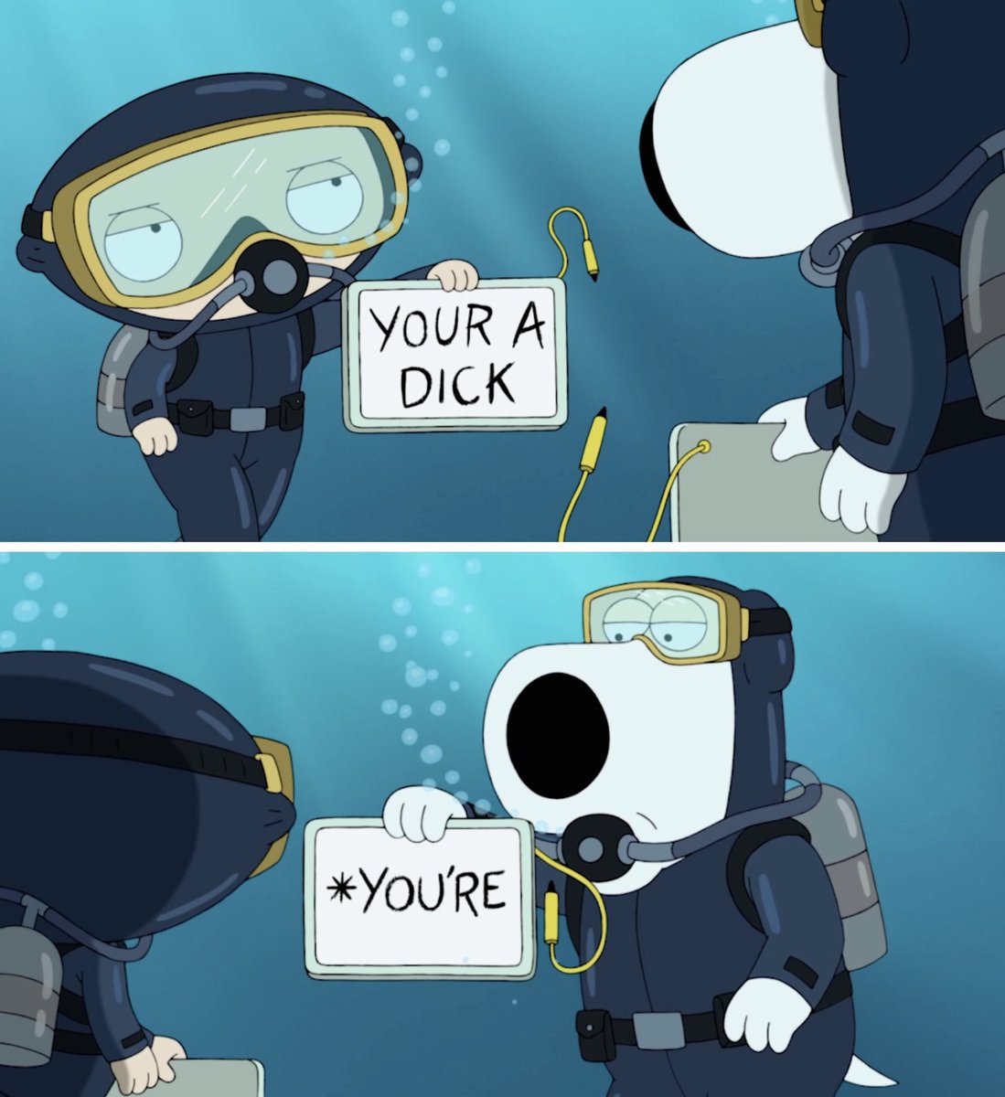 You’re a dick = อิควัย

ในรูปคืออีเด็กพยามจะด่า
แต่สะกดภาษาอังกฤษผิด
หมาเลยแก้ให้ 

You’re (แกคือ…) ไม่ใช่ Your (ของแก)