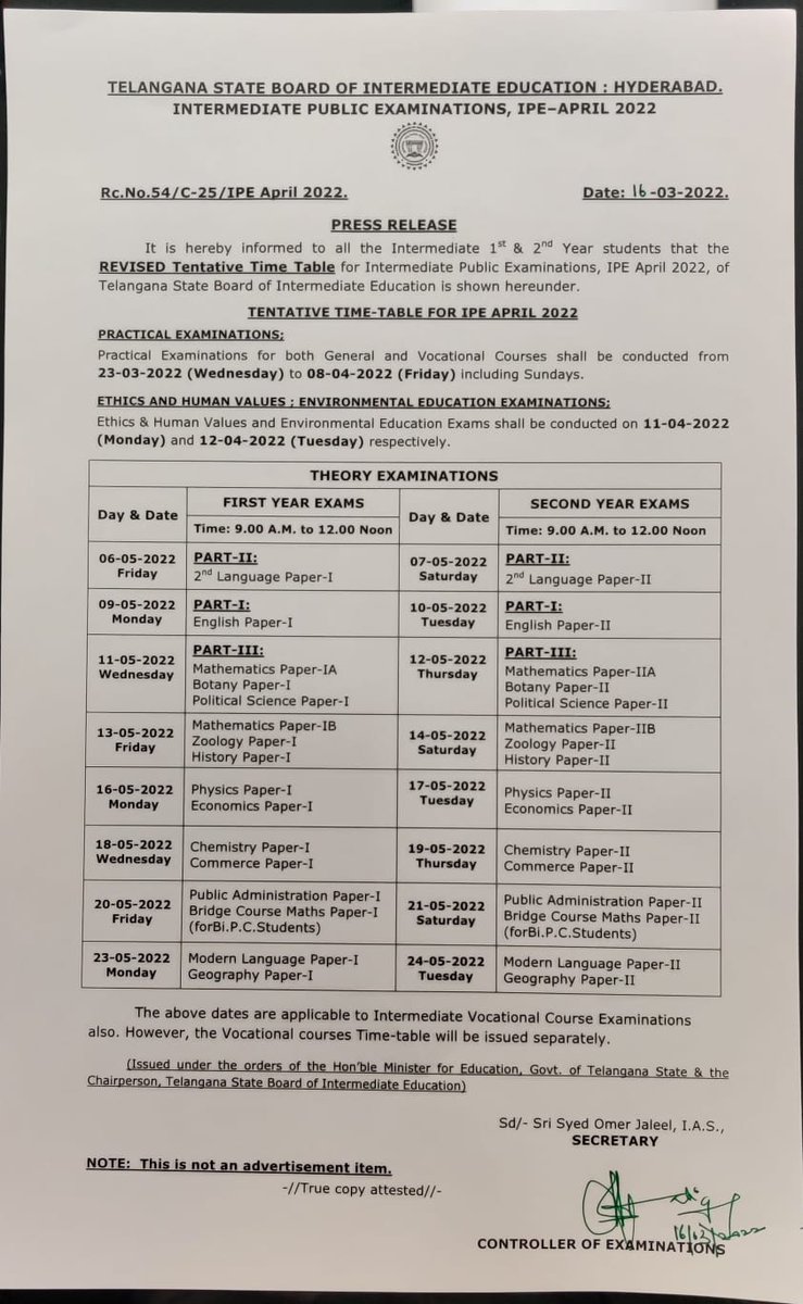 TV9Telugu's tweet photo. TS Intermediate 1st & 2nd Year Time Table 2022
#IntermediateTimeTable | #TSInterTimeTable https://t.co/B6nBqYrmRv