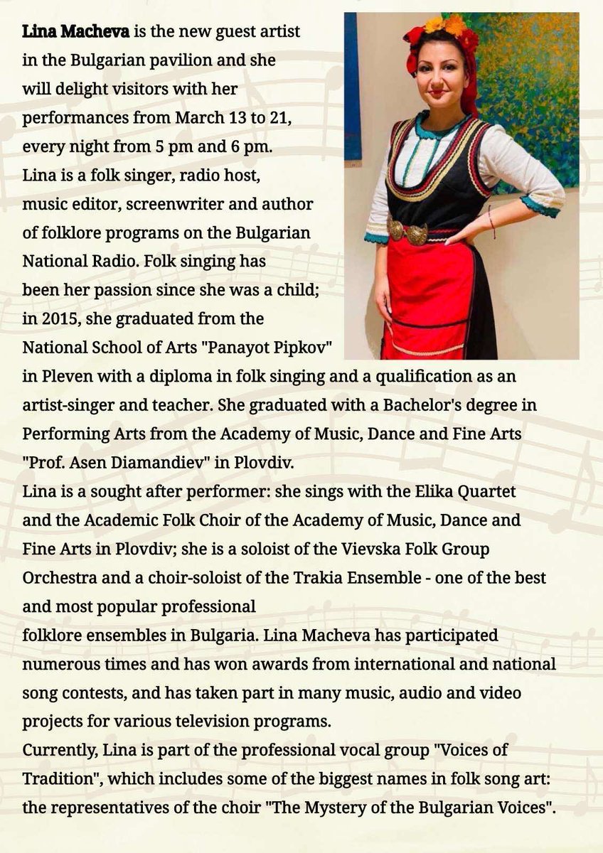 Bulgaria2020's tweet photo. Lina Macheva is the new guest artist in the Bulgarian pavilion and she will delight visitors with her performances from March 13 to 21, every night from 5 pm and 6 pm. #takethefuture #dubai #bulgariansindubai #bulgaria #bg #visitbulgaria #bulgariaexpo2020 #bulgarianpavilion #expo https://t.co/n70Kxqf7Ld