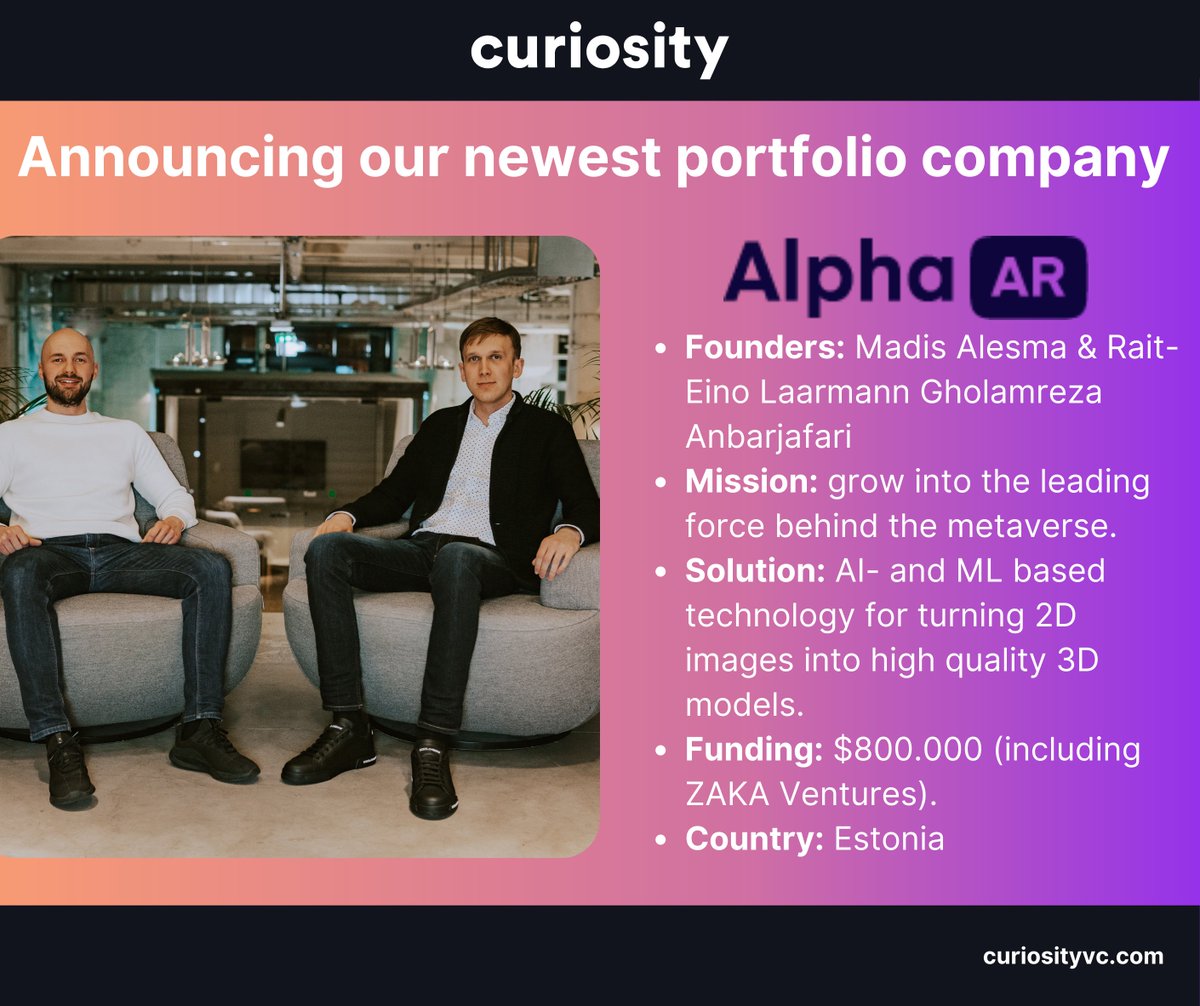 curiosityvc's tweet photo. Time to announce our newest #portfoliocompany, Alpha AR. Co-founders Madis Alesmaa, Rait-Eino Laarmann and Gholamreza Anbarjafari developed advanced #AI software to create high-quality 3D models for AR, VR, NFT, and the metaverse.

#3dmodelling #venturecapital #AR #VR #metaverse https://t.co/dE8cz3dL7s