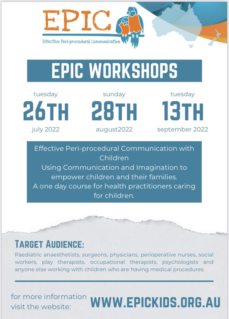 Registrations are open for our 3 EPIC workshops in Brisbane 2022.  

Learn communication and imaginative techniques that will empower kids during procedures and reduce anxiety. <a href="/spanzaorg/">SPANZA</a> <a href="/DFTBubbles/">Team DFTB</a> <a href="/ANZCA/">ANZCA</a> 

Click here to register now:
willorganise.eventsair.com/spanza-epic-wo…