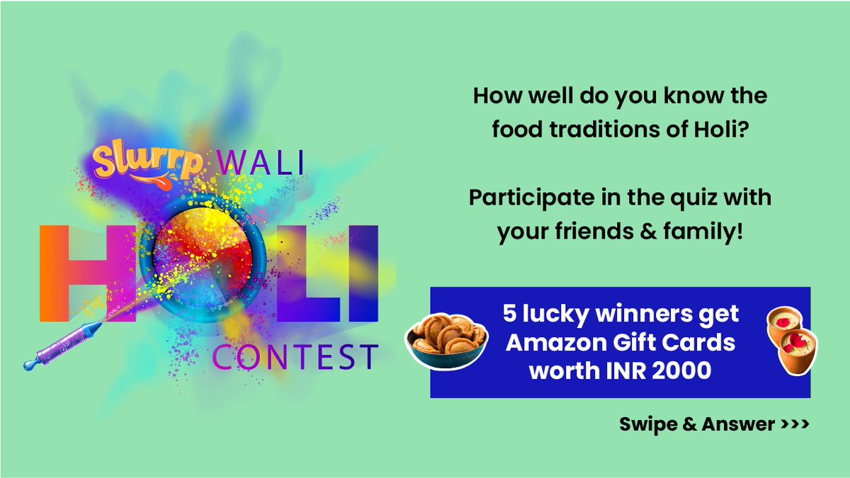 Slurrpapp's tweet photo. #India #ContestAlert 👉 #SlurrpWaliHoli #Contest
𝟓 𝐰𝐢𝐧𝐧𝐞𝐫𝐬 𝐠𝐞𝐭 AMAZON GIFT CARDS for 𝐈𝐍𝐑 2000/- 
- Follow @slurrpapp on Twitter
- Reply: 4 correct answers &amp; tag 5 friends 
- Retweet this tagging @Slurrpapp 
Closes MARCH 20𝐓𝐇 𝟐𝟎𝟐𝟐
#HoliSpecial  #Holi #Holi2022 https://t.co/pVwC4uLqlG