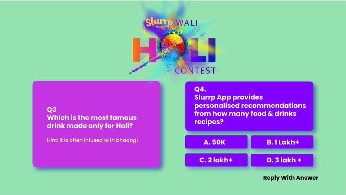Slurrpapp's tweet photo. #India #ContestAlert 👉 #SlurrpWaliHoli #Contest
𝟓 𝐰𝐢𝐧𝐧𝐞𝐫𝐬 𝐠𝐞𝐭 AMAZON GIFT CARDS for 𝐈𝐍𝐑 2000/- 
- Follow @slurrpapp on Twitter
- Reply: 4 correct answers &amp; tag 5 friends 
- Retweet this tagging @Slurrpapp 
Closes MARCH 20𝐓𝐇 𝟐𝟎𝟐𝟐
#HoliSpecial  #Holi #Holi2022 https://t.co/pVwC4uLqlG