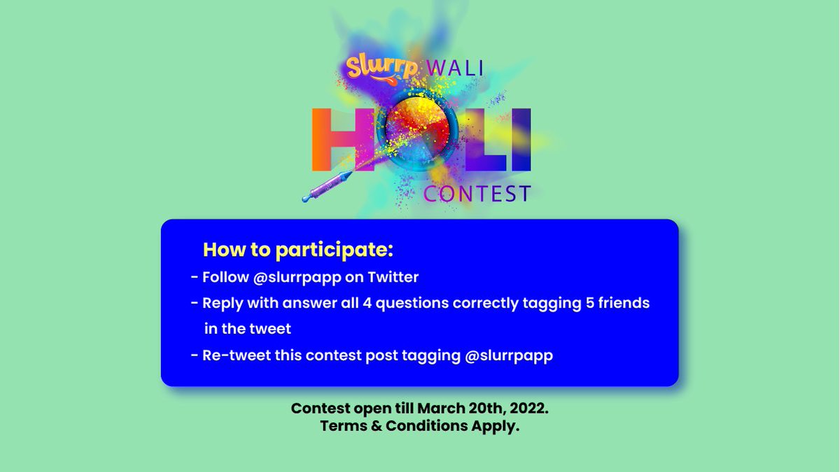 #India #ContestAlert 👉 #SlurrpWaliHoli #Contest
𝟓 𝐰𝐢𝐧𝐧𝐞𝐫𝐬 𝐠𝐞𝐭 AMAZON GIFT CARDS for 𝐈𝐍𝐑 2000/- 
- Follow @slurrpapp on Twitter
- Reply: 4 correct answers &amp; tag 5 friends 
- Retweet this tagging <a href="/Slurrpapp/">Slurrp</a> 
Closes MARCH 20𝐓𝐇 𝟐𝟎𝟐𝟐
#HoliSpecial  #Holi #Holi2022