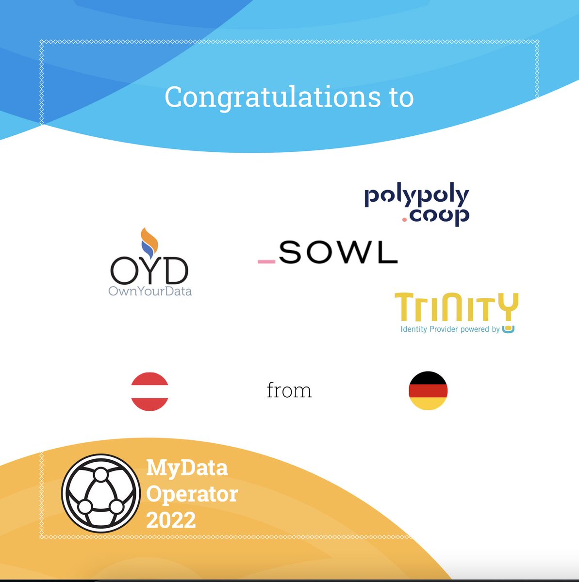 MyData.org (@mydataorg) on Twitter photo <a href="/OwnYourDataEU/">OwnYourData</a>, @polypolyCOOP, <a href="/esatus_SOWL/">esatus SOWL</a> and Trinity - thank you for providing actionable means for individuals and companies to use and share data responsibly. Congratulations on receiving the MyData Operator 2022 award! 🏆 👏 <a href="/OwnYourDataEU/">OwnYourData</a>, @polypolyCOOP, <a href="/esatus_SOWL/">esatus SOWL</a> and Trinity - thank you for providing actionable means for individuals and companies to use and share data responsibly. Congratulations on receiving the MyData Operator 2022 award! 🏆 👏
