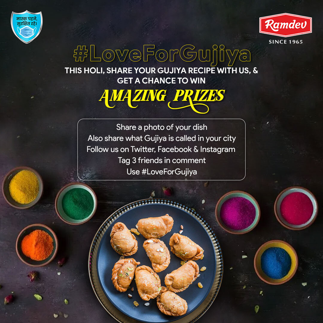 Ramdev_Food's tweet image. Gujiyas are an inevitable part of our festivals. This Holi, share your Gujiya recipe with us &amp;amp; win exciting prizes
Please note: 
1. Winner selection is at the sole discretion of the company
2. Winner(s) once selected will not be changed 
#RamdevStore #RamdevMasala #RamdevContest