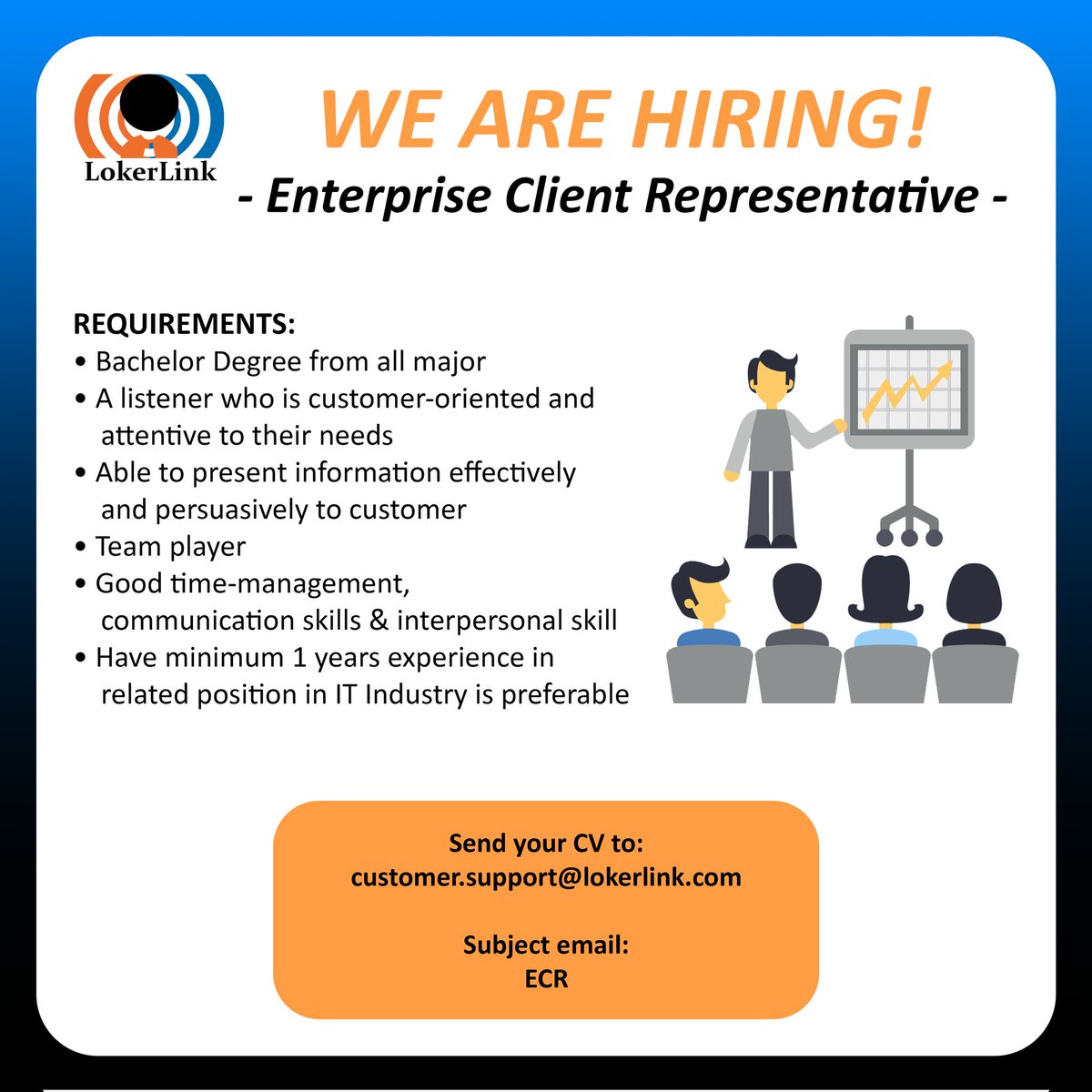 L (@lokerlink) on Twitter photo WE ARE HIRING!
Enterprise Client Representative
If you are interested, please send your CV to customer.support@lokerlink.com (Subject : ECR)
#lokerlink #lokerjakarta #lowongankerja #infoloker #lowonganpekerjaan #lokerindonesia WE ARE HIRING!
Enterprise Client Representative
If you are interested, please send your CV to customer.support@lokerlink.com (Subject : ECR)
#lokerlink #lokerjakarta #lowongankerja #infoloker #lowonganpekerjaan #lokerindonesia