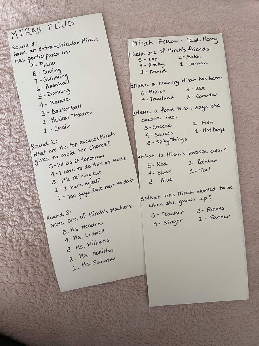 TheShanDee's tweet photo. Our 12 year old loves @FamilyFeudCa so we made her own version of the board-game for her birthday,“Mirah Feud”. She lost 🤣 @gerrydee https://t.co/eAsT9iKek3