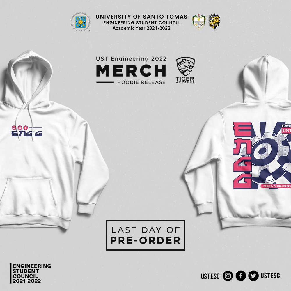 USTESC's tweet photo. TODAY IS THE LAST DAY!
Showcase your Thomasian Engineering Student pride with our Engineering Week Merchandise! Go get your hands on the NEWEST LIMITED EDITION ENGINEERING HOODIE before stocks run out!
#EnggWeek2022
#ENGGquippedWithSki115
#Sti115trongWithENGG https://t.co/2SPfrym9AY