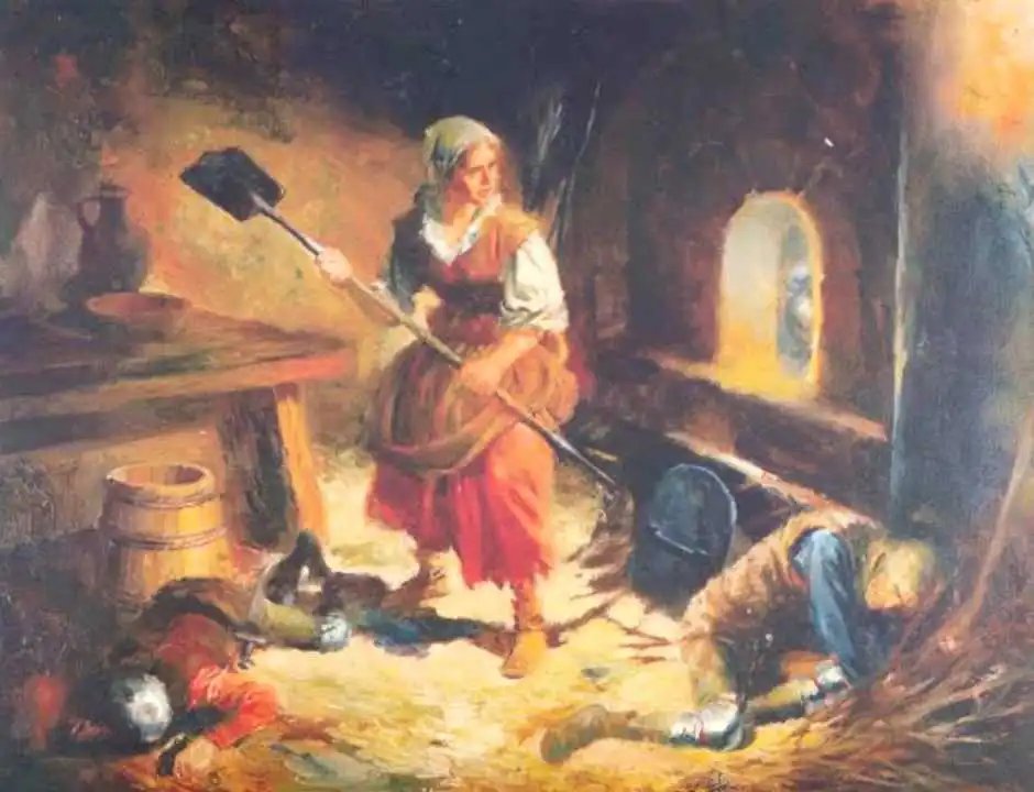Nand_ea's tweet photo. @GRIFFIN_FGC When she comes back to her bakery and finds them inside, she kills those soldiers with the shovel bakers use for their ovens.
And, as with most legends, there's paintings of it (4/4)
(spoilered image, for dead people) https://t.co/VZpRN1TKOS
