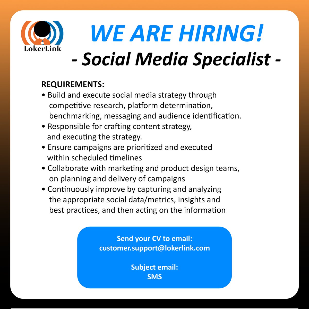 L (@lokerlink) on Twitter photo WE ARE HIRING!
Social Media Specialist
If you are interested, please send your CV to customer.support@lokerlink.com (Subject : SMS)
#lokerlink #socialmediaspecialist #socialmedia #lokerjakarta #lowongankerja #infoloker #lowonganpekerjaan #lokerindonesia WE ARE HIRING!
Social Media Specialist
If you are interested, please send your CV to customer.support@lokerlink.com (Subject : SMS)
#lokerlink #socialmediaspecialist #socialmedia #lokerjakarta #lowongankerja #infoloker #lowonganpekerjaan #lokerindonesia