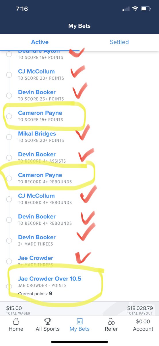 <a href="/Suns/">Phoenix Suns</a> <a href="/FanDuel/">FanDuel</a> <a href="/NBATwitt3r/">#NBATwitt3r</a> 
<a href="/CJC9BOSS/">JAE CROWDER</a> <a href="/campayne/">Cameron Payne</a> 
<a href="/DevinBook/">Book</a> <a href="/mikal_bridges/">Mikal Bridges</a> 
GREAT WIN. But I was so close to $18,000💵💵💵💵. I need some tickets or something lol 
My boy Payne short 1 rebound 1 point! 
Crowder 2points!!! Didn’t even play 4th quarter . 
I’M SICK TO MY STOMACH!!!