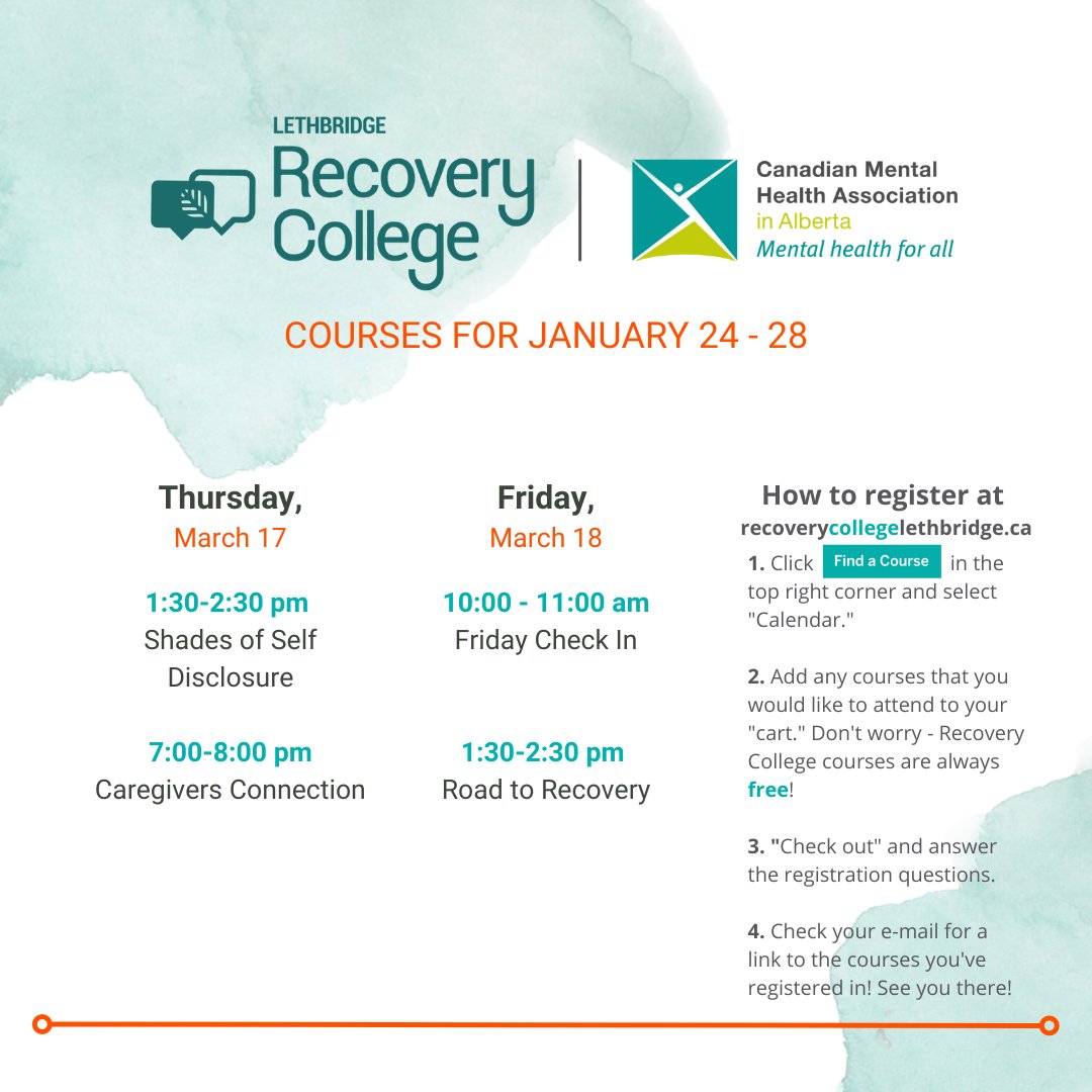 Check out this week's #RecoveryCollegeLethbridge courses! Sign up anytime on our website (link in bio)! See you there! 👋 

#mentalhealth #lethbridge