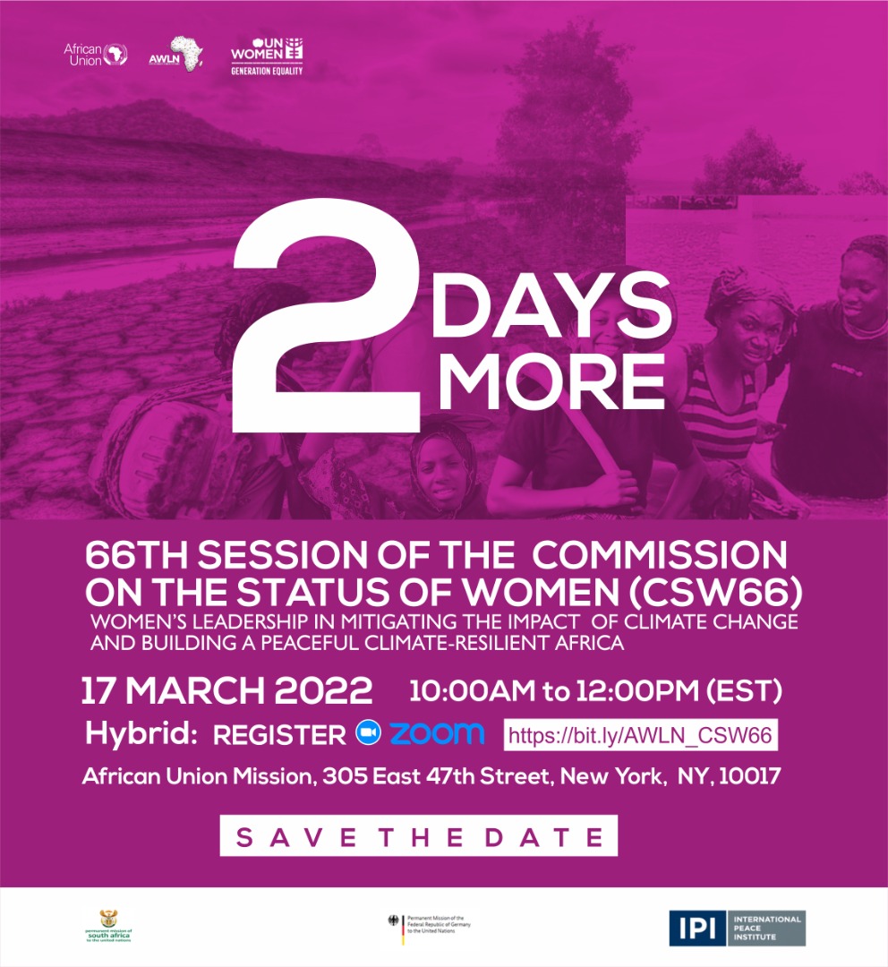 AWLNetwork's tweet image. Please join us for the @AWLNetwork, Friends &amp;amp; partners' #CSW66 side event
🗓 17 March 2022
💻 bit.ly/AWLN_CSW66
@MaEllenSirleaf @SahleWorkZewde
@SuluhuSamia
@AminaJMohammed
@sambapanza
@DrJoyceBanda
@AUC_MoussaFaki 
@GermanyUN @GermanyDiplo @SAMissionNY 
#Climatechange