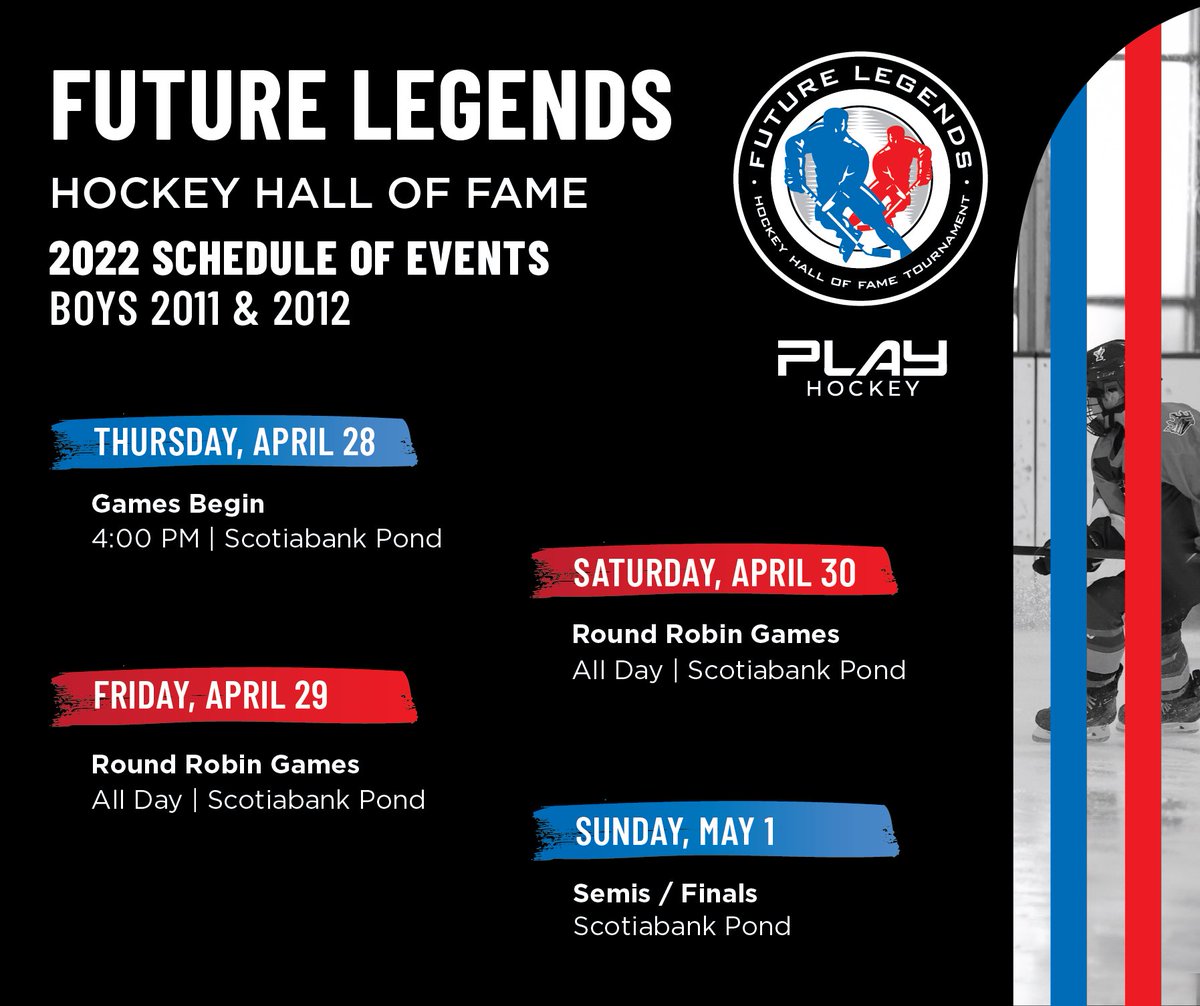 44 days to go until the HHOF Future Legends returns to Toronto! 

Swipe ➡️ to check out the schedule of events for the 2010 Girls and 2010, 2011 &amp; 2012 Boys events!

<a href="/playhockeyna/">PLAY Hockey</a> <a href="/PIProspects/">PremierIceProspects</a> 
#hhoffuturelegends #belegendary #springhockey