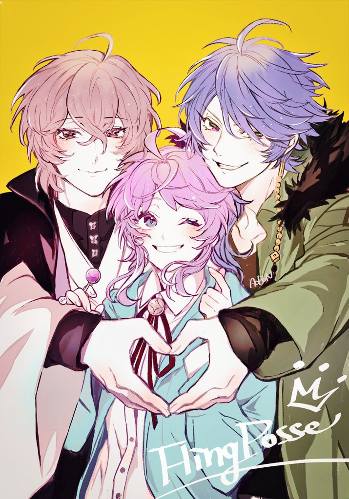 3boys multiple boys male focus smile heart hands pink hair one eye closed  illustration images