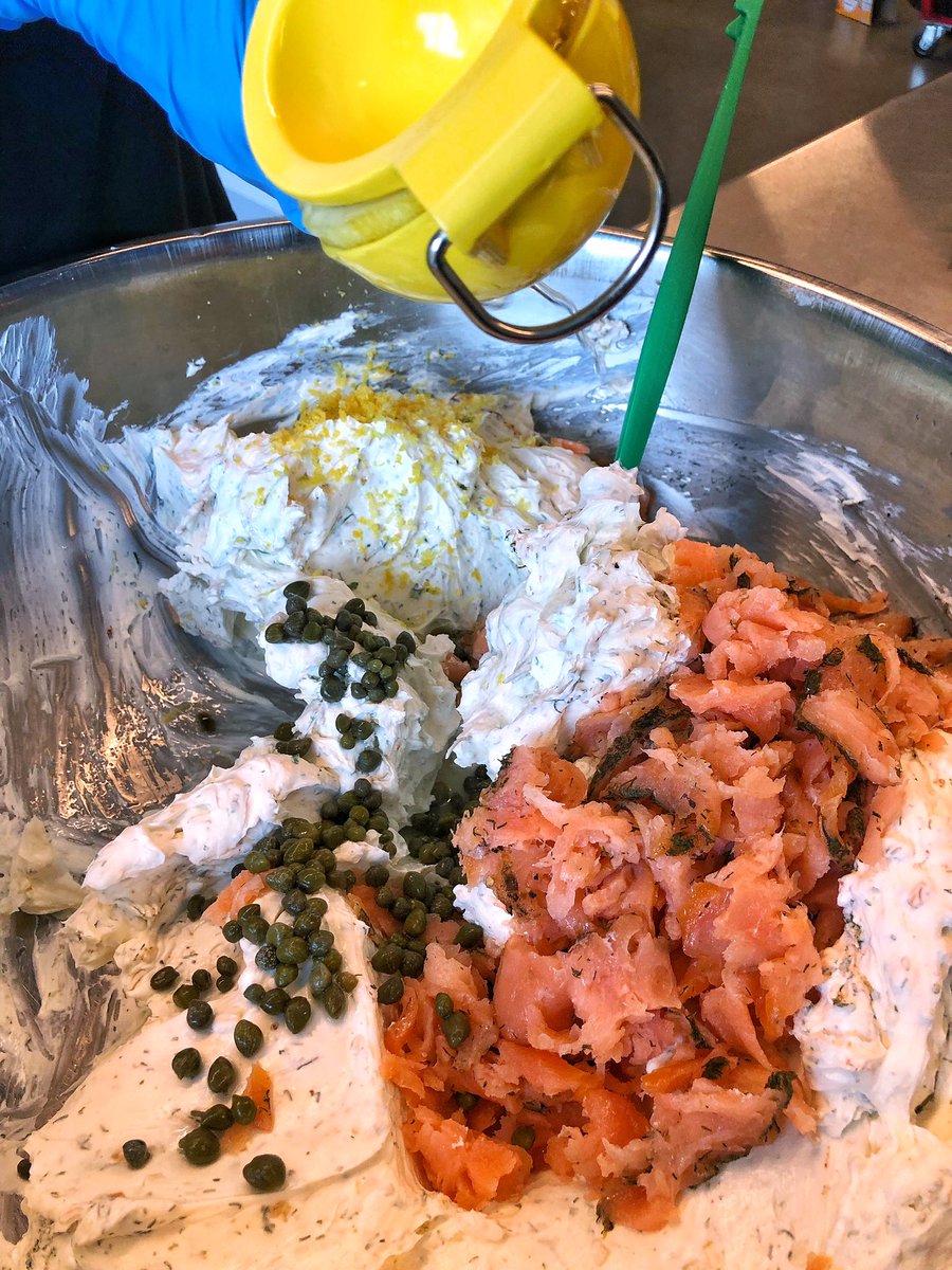 kcline's tweet photo. Herbs, lemon, capers &amp; cold smoked salmon in cream cheese for my WorkFam’s breakfast service tomorrow!
#foodwizard #food #shmear #smokedsalmoncreamcheese #ilovemyjob https://t.co/7aCsiVCtf0