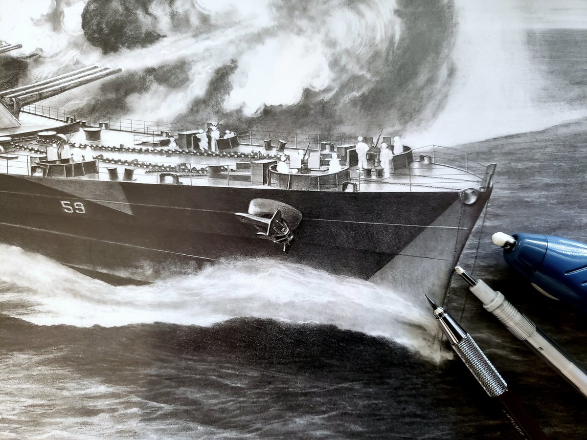 鉛筆画「Destroy the battleship Jean Bart-USS Massachusetts 1942