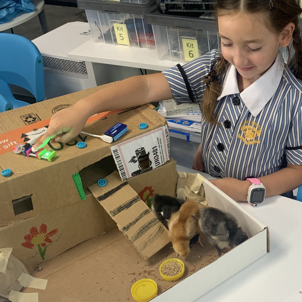 Loreto_LK's tweet photo. Year 1 students have been designing coops for the chicks visiting their classroom! Working with the criteria of food, water, air, space and shelter, the students added sensor-controlled electrical circuits to provide light, warmth, air or protection within the coop. https://t.co/wfaCssGM6y