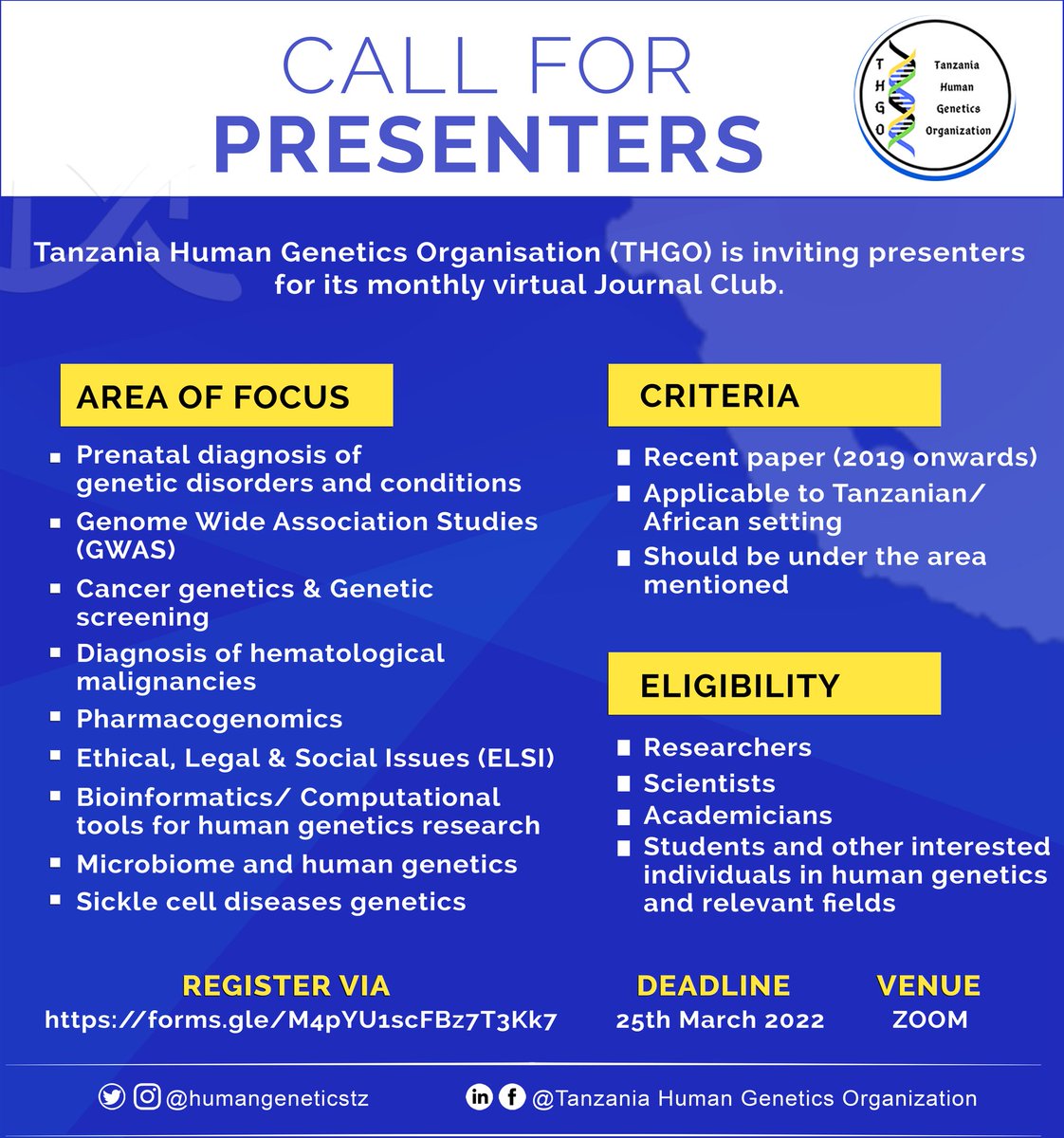 humangeneticstz's tweet photo. Interested in presenting a research article based on any of the topics mentioned? THGO now introduces the monthly Journal Club, an online platform to discuss Genetics related science. Sign up by clicking on this link: https://t.co/gRaYZVIF2S

Participation is open to all. https://t.co/mcThS1kMM4