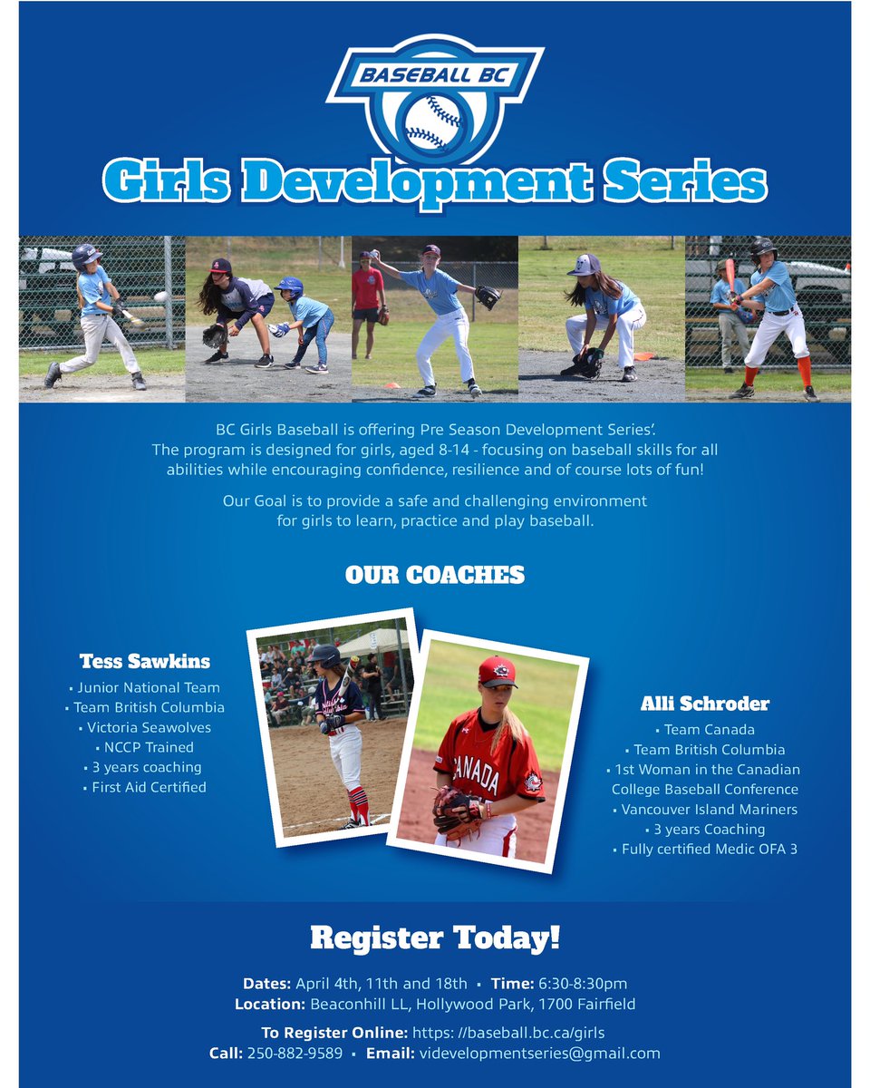 Our Pre Season Development Series continues! This time in Victoria for 3 sessions led by local legends Tess and Alli. 🤩

📆 April 4, 11, 18
⏰ 6:30pm - 8:30pm
📍 Beacon Hill Little League
🧒 Ages 8-14 

🔗 baseball.bc.ca/girls