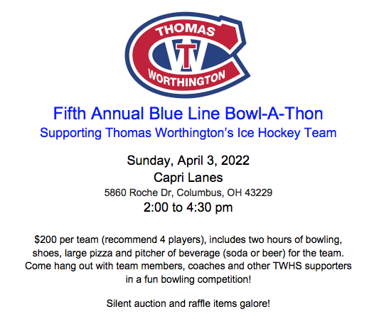 TWHSHOCKEY's tweet photo. The 5th annual Blue Line Bowl-A-Thon to benefit TWHS hockey will be held on Sunday, April 3 at Capri Lanes from 2:00 to 4:30. 

Each team gets their own lane (recommend a team of 4) for $200. It should be a blast!

DM or ask any parent of a current player to reserve your spot. https://t.co/Ok8hwjg5PQ