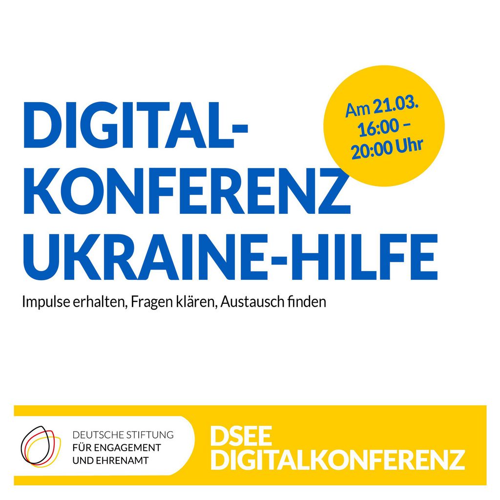 Millionen Menschen fliehen aus der #Ukraine. Wir 🇪🇺 sind gefordert im Zeichen der #Menschlichkeit.

Die Zivilgesellschaft ist bereit! Doch es gibt offene Fragen und jede Menge Gesprächsbedarf.

Seid dabei: am Montag, 21.03.2022, ab 16 Uhr

👉 d-s-e-e.de/veranstaltung/… <a href="/D_S_E_E/">Deutsche Stiftung für Engagement und Ehrenamt</a>