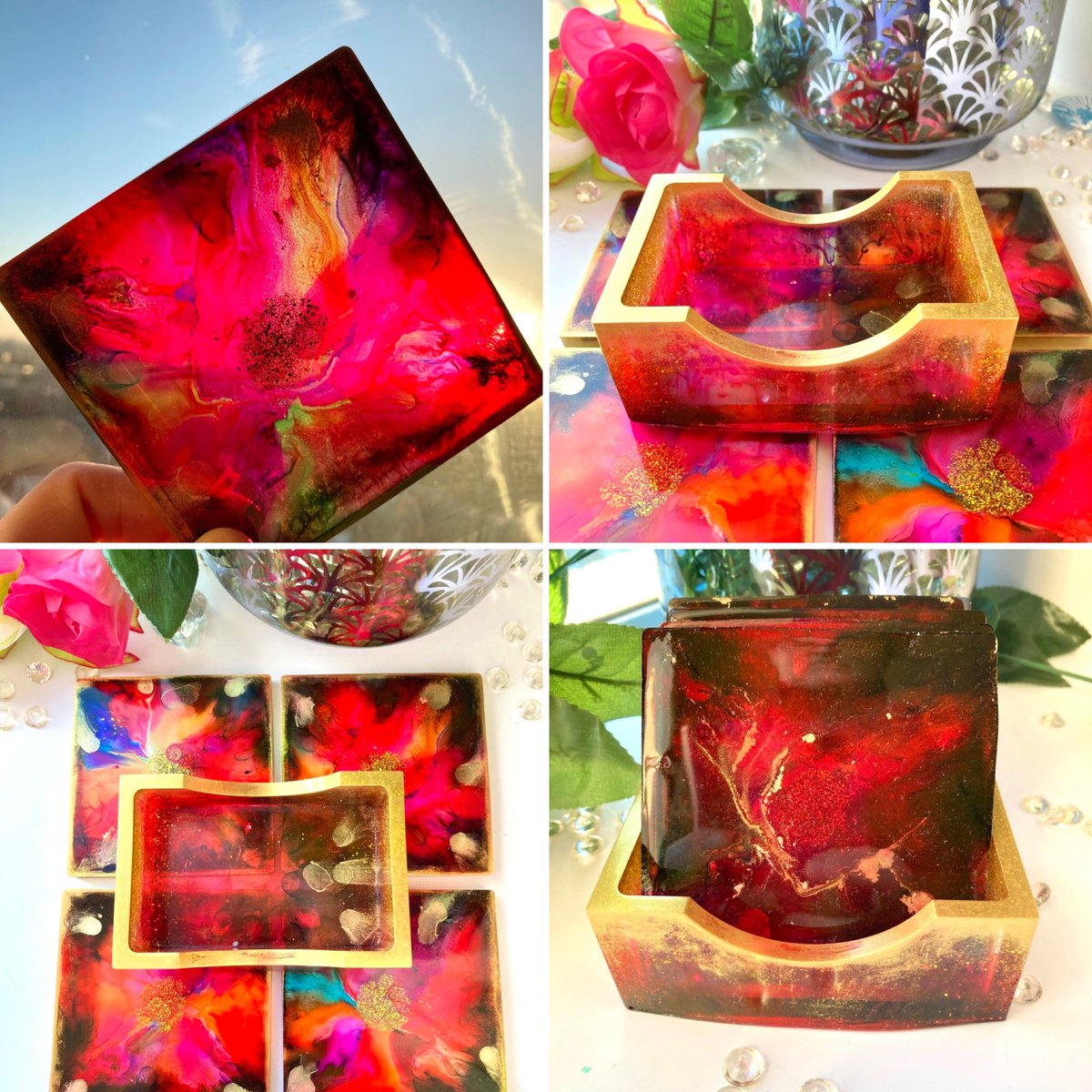 Morning, Excited to share this item from my #etsy shop: Handmade colourful resin coaster set with holder, set of 4 coasters. etsy.me/3MTxeO6 #EarlyBiz #UKMakers #sb #mhhsbd