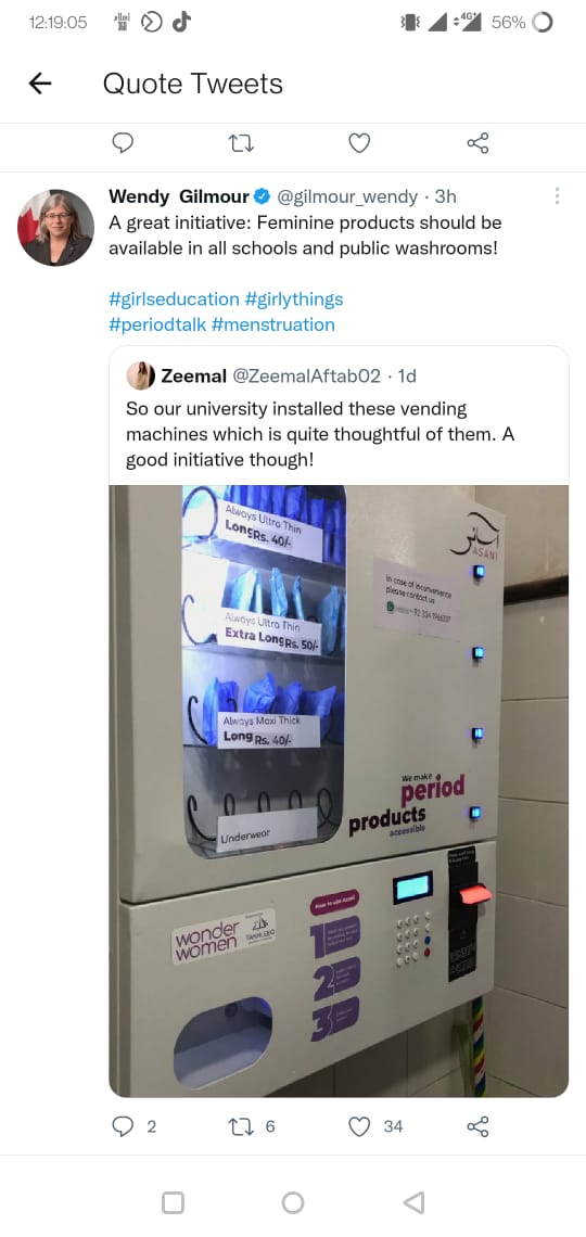 WonderWomenpk's tweet photo. So overwhelmed with the response! Thankyou @ZeemalAftab02 for your tweet to get the word out there. After working towards making period products accessible in washrooms for more than 2 years, we are finally able to install  Asani in Universities! https://t.co/INValYqHM1
