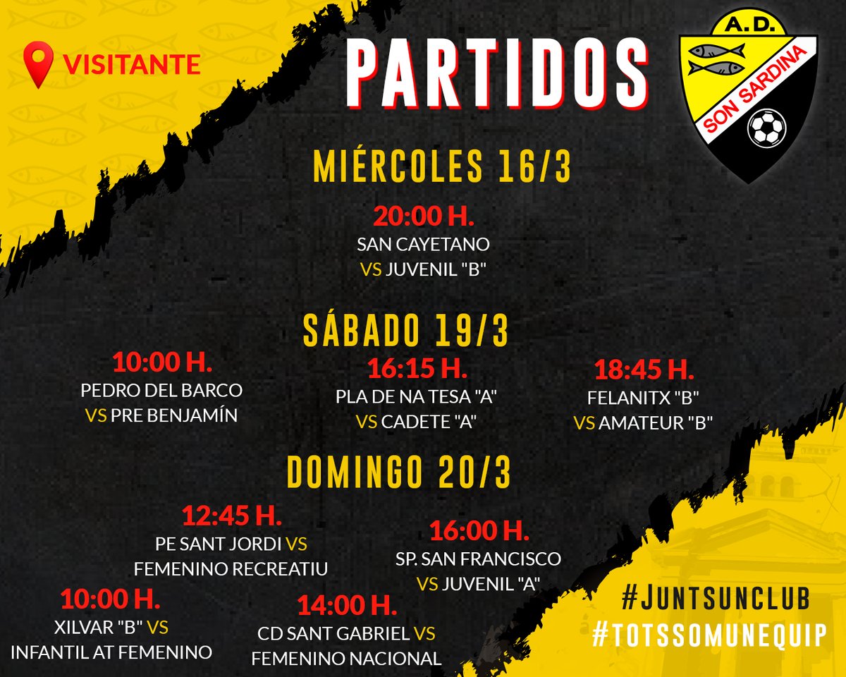 ad_son_sardina's tweet photo. 🗓️⚽🛡️🐟 Partidos de esta semana!

#amuntsonsar
#vamossonsar
#Juntsunclub
#totssomunequip https://t.co/kgtx5RHCGf