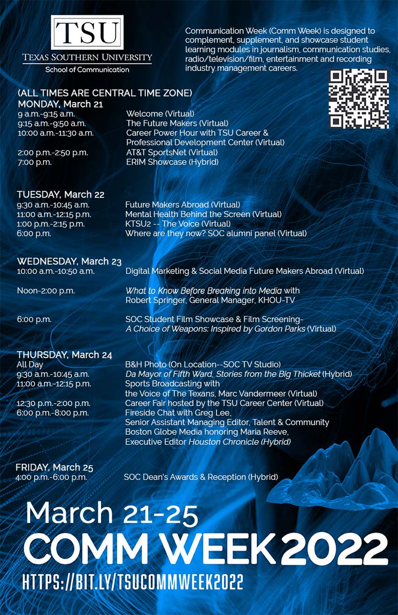 TXSouthernSOC's tweet photo. #TSUCommWeek is March 21-25. Future Makers: Communicating in the Digital Age is filled with excitement all week from media practitioners, virtual screenings and the popular ERM Showcase and SOC Student Film Showcase. Register https://t.co/2pPh2HlSAG https://t.co/1d0jJfUnxV