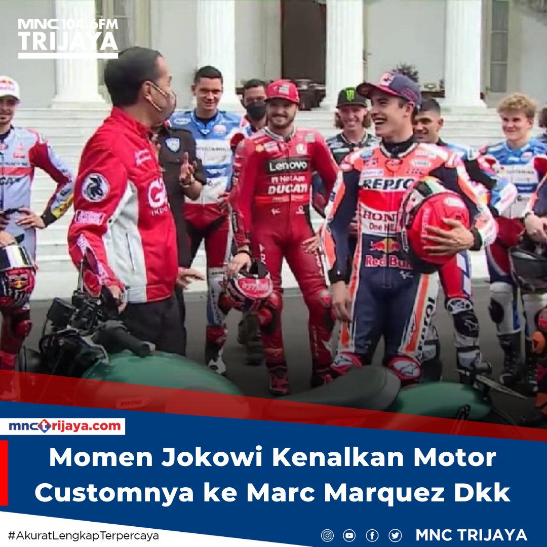 mnctrijaya's tweet photo. Presiden Joko Widodo mengenalkan sepeda motornya kepada puluhan pembalap MotoGP yang berkunjung ke Istana Negara pada Rabu (16/3/2022) pagi.
Selengkapnya: https://t.co/Fv1i7a62Ty
#mnctrijaya #trijayaupdate #Presiden #MotoGP #Marcmarcquez #Pembalap https://t.co/9NHzzABKYm