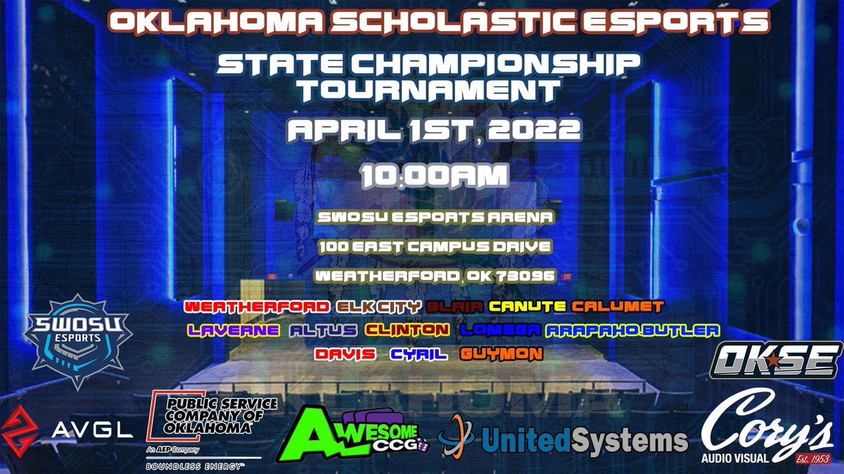 EsportsOklahoma's tweet photo. Lots of Oklahoma schools involved! Oklahoma Scholastic Esports State Championship, April 1st, 2022. Wanna see a packed house! Maybe @Cam_Jourdan will be there? How about @joy4ok  would love to see some folks come out and see what these students have to offer! #oklaed #esports https://t.co/h1WO9HuhF6