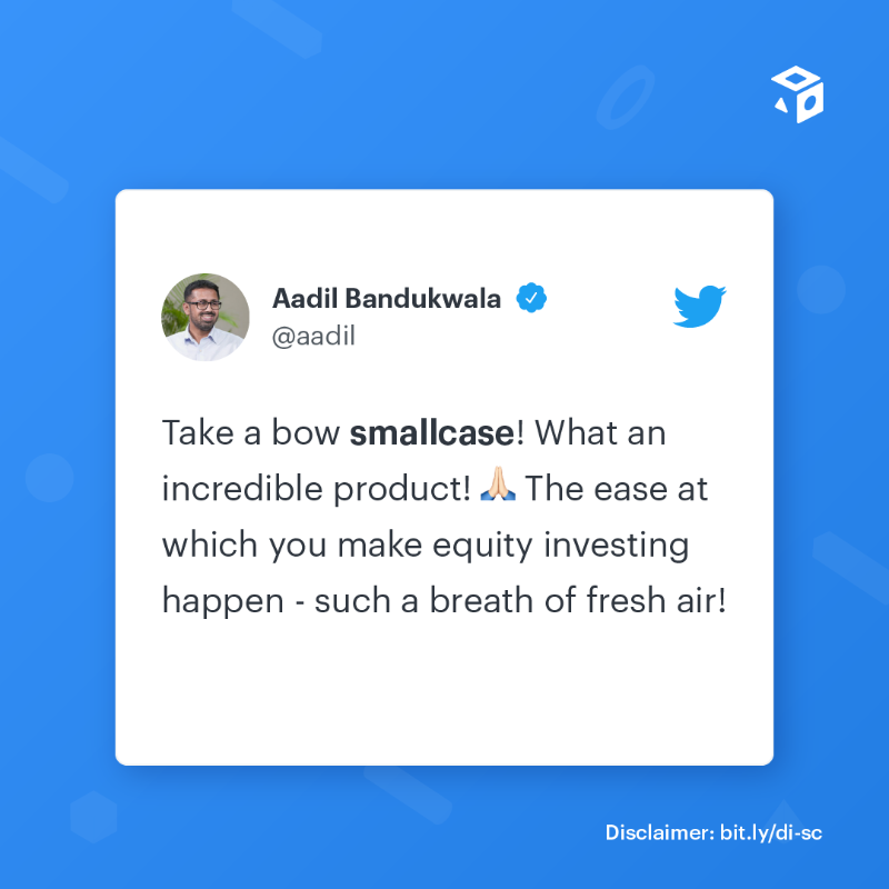 smallcaseHQ's tweet photo. smallcases are trusted by 50L+ users. What are you waiting for?

Choose from over 500+ portfolios curated by SEBI-registered professionals, exclusively on smallcase. Download now!